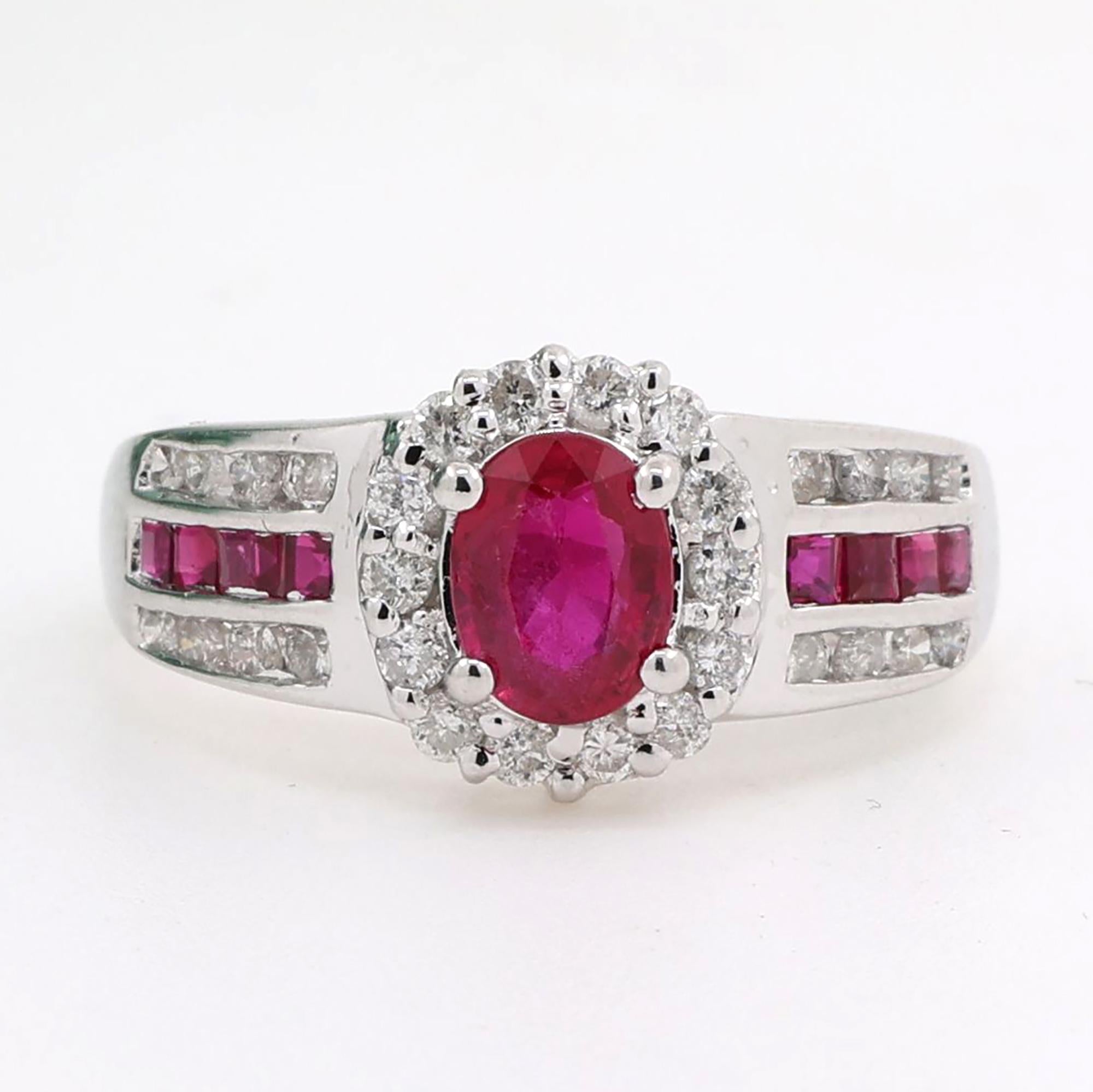 Ruby Diamond Halo Cocktail Ring 18K White Gold 1.37 CTW Size 5 Ladies Estate