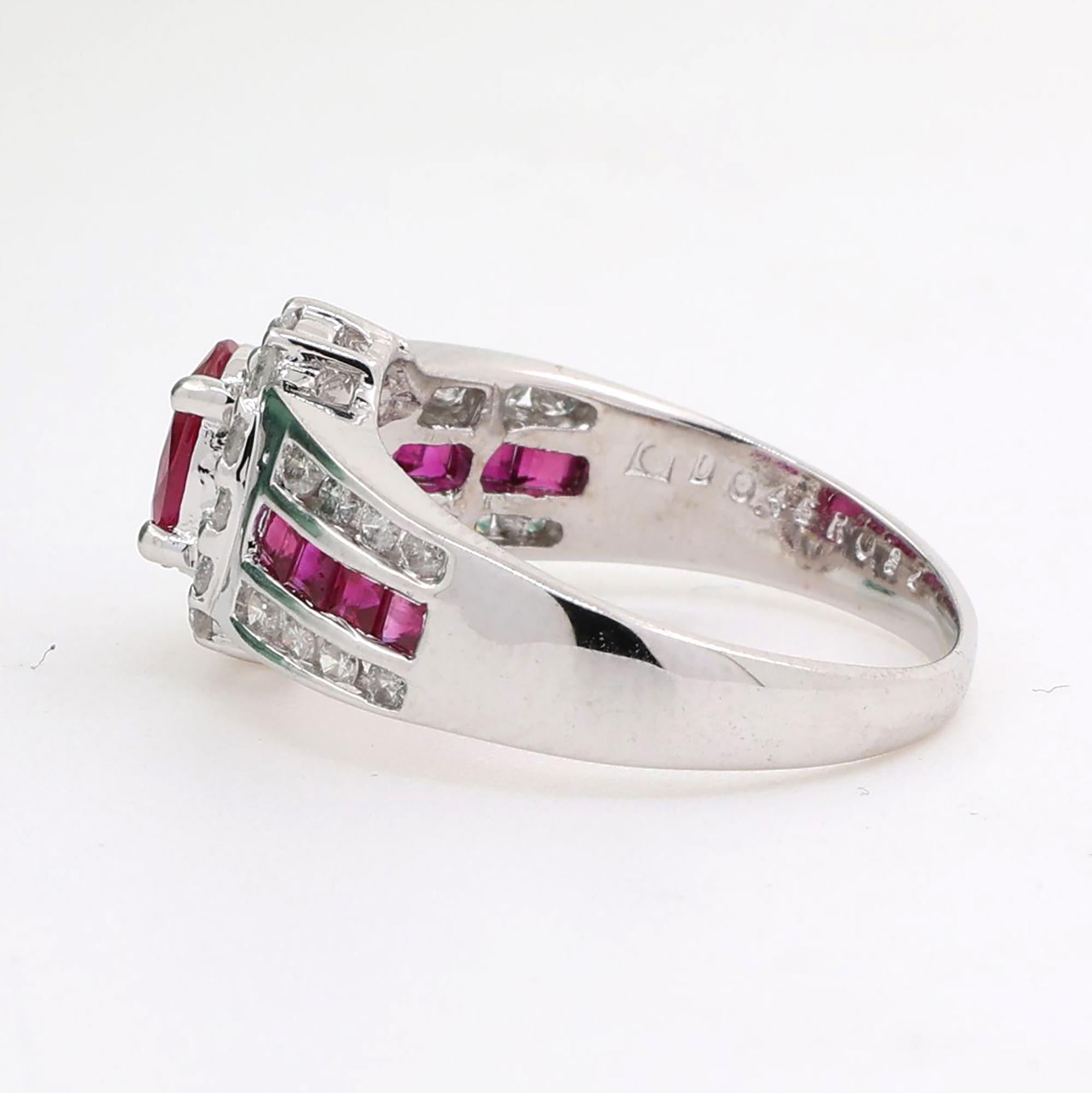 Ruby Diamond Halo Cocktail Ring 18K White Gold 1.37 CTW Size 5 Ladies Estate