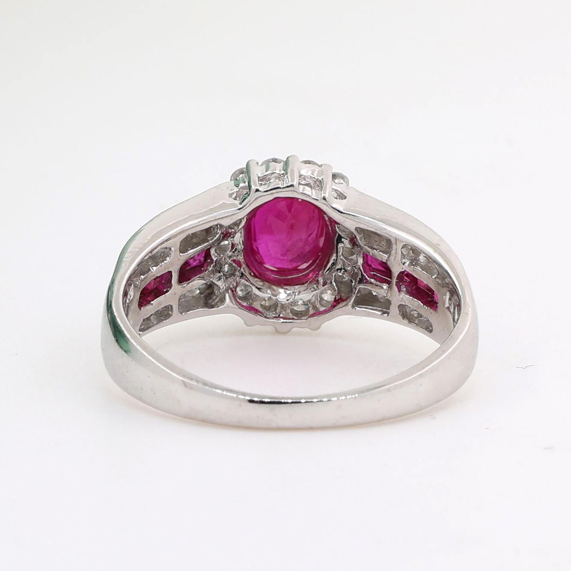 Ruby Diamond Halo Cocktail Ring 18K White Gold 1.37 CTW Size 5 Ladies Estate