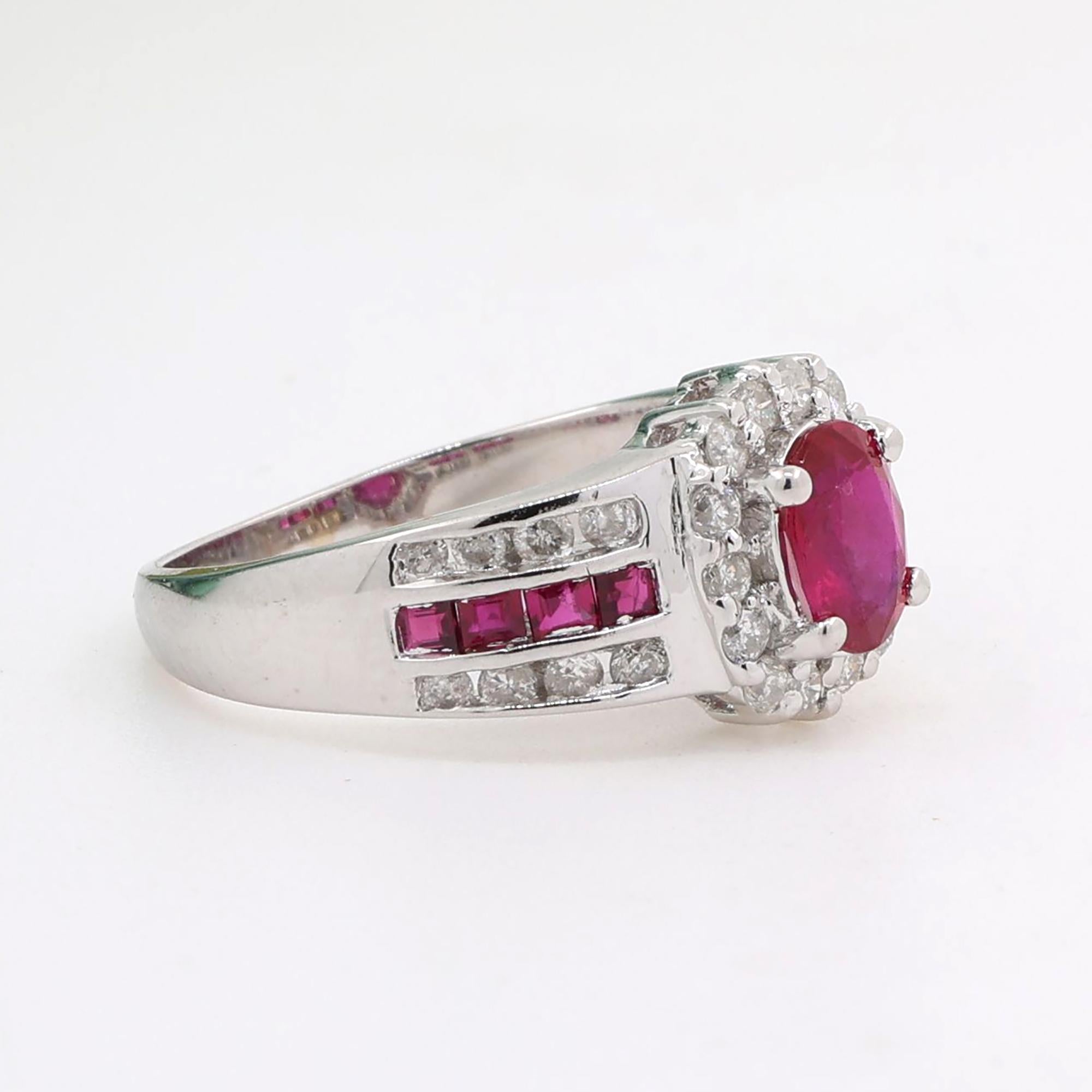 Ruby Diamond Halo Cocktail Ring 18K White Gold 1.37 CTW Size 5 Ladies Estate