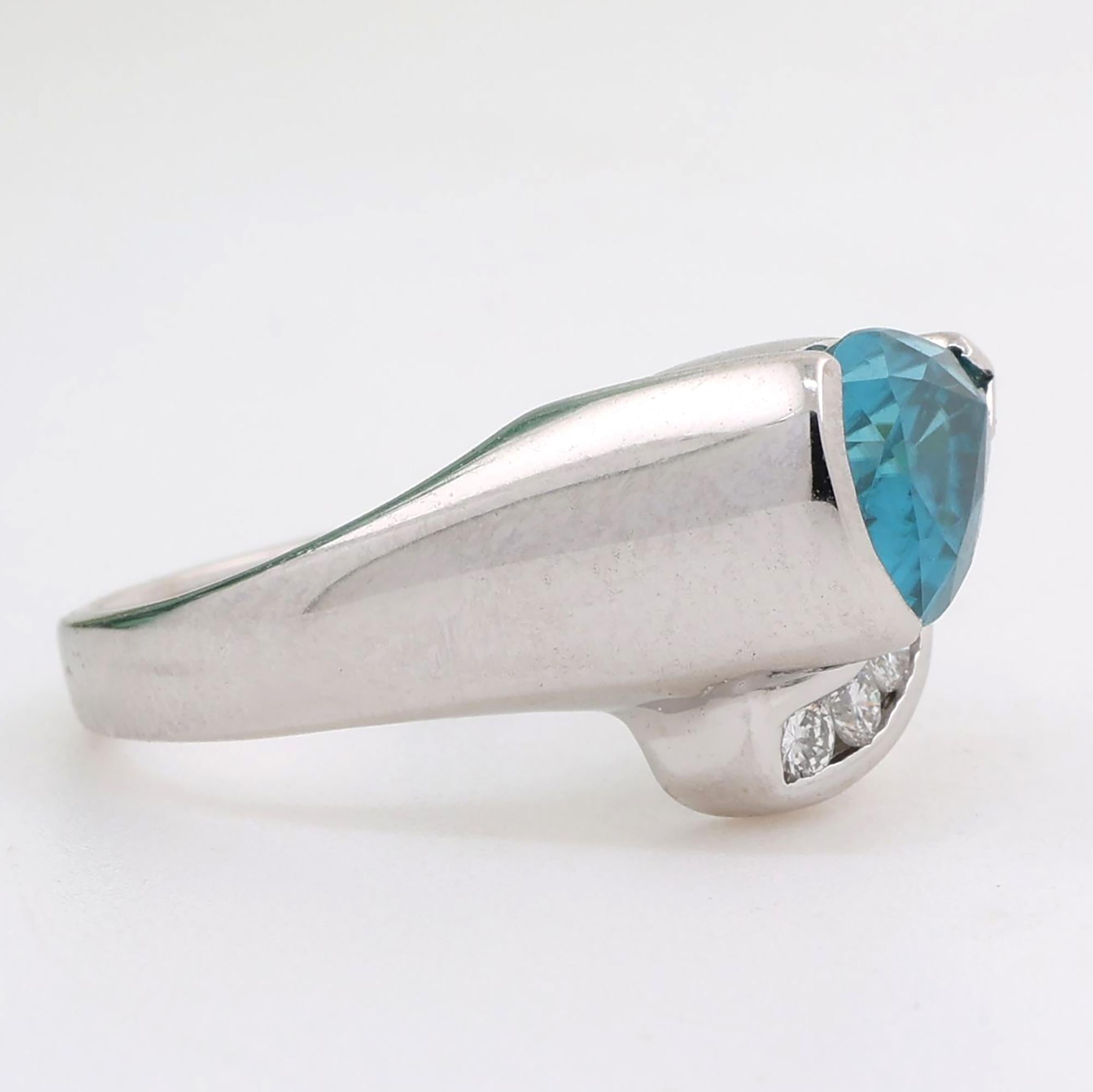 Pear Cut Blue Topaz Diamond Bypass Ring 18K White Gold 1.91 CTW Size 5.5 Ladies