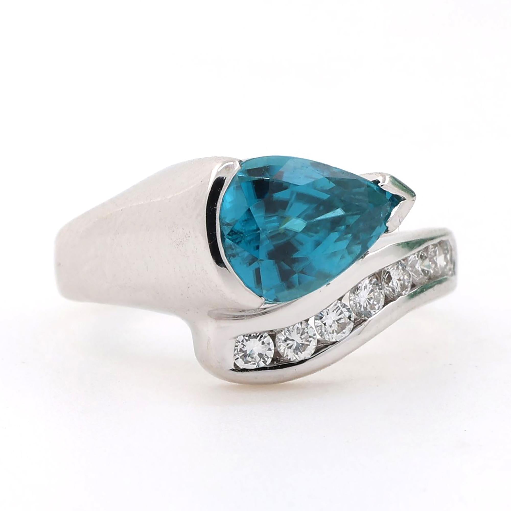 Pear Cut Blue Topaz Diamond Bypass Ring 18K White Gold 1.91 CTW Size 5.5 Ladies