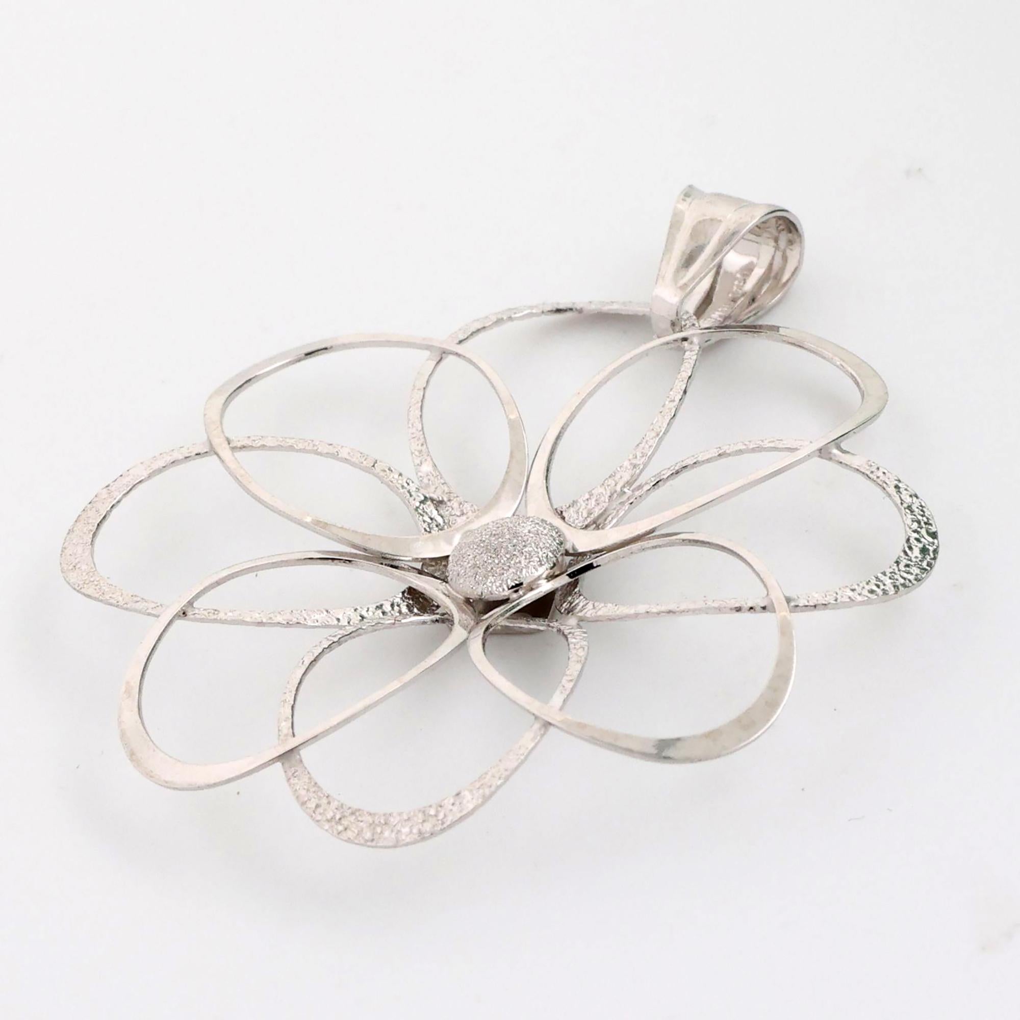 14K White Gold Large Open Flower Pendant Italian 1.65" Ladies Estate
