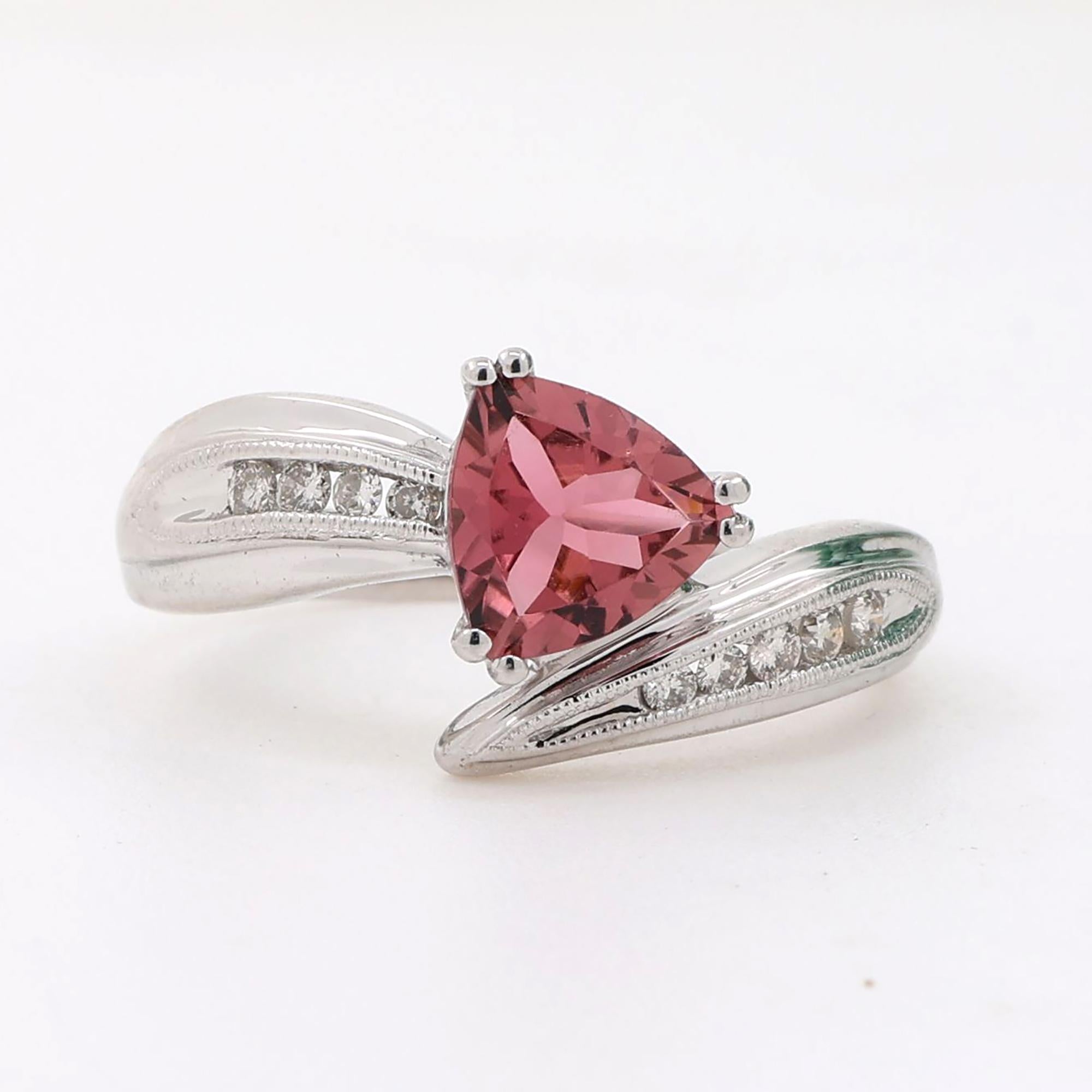 Pink Tourmaline Diamond Bypass Ring 14K White Gold 1.33 CTW Ladies Size 5.25