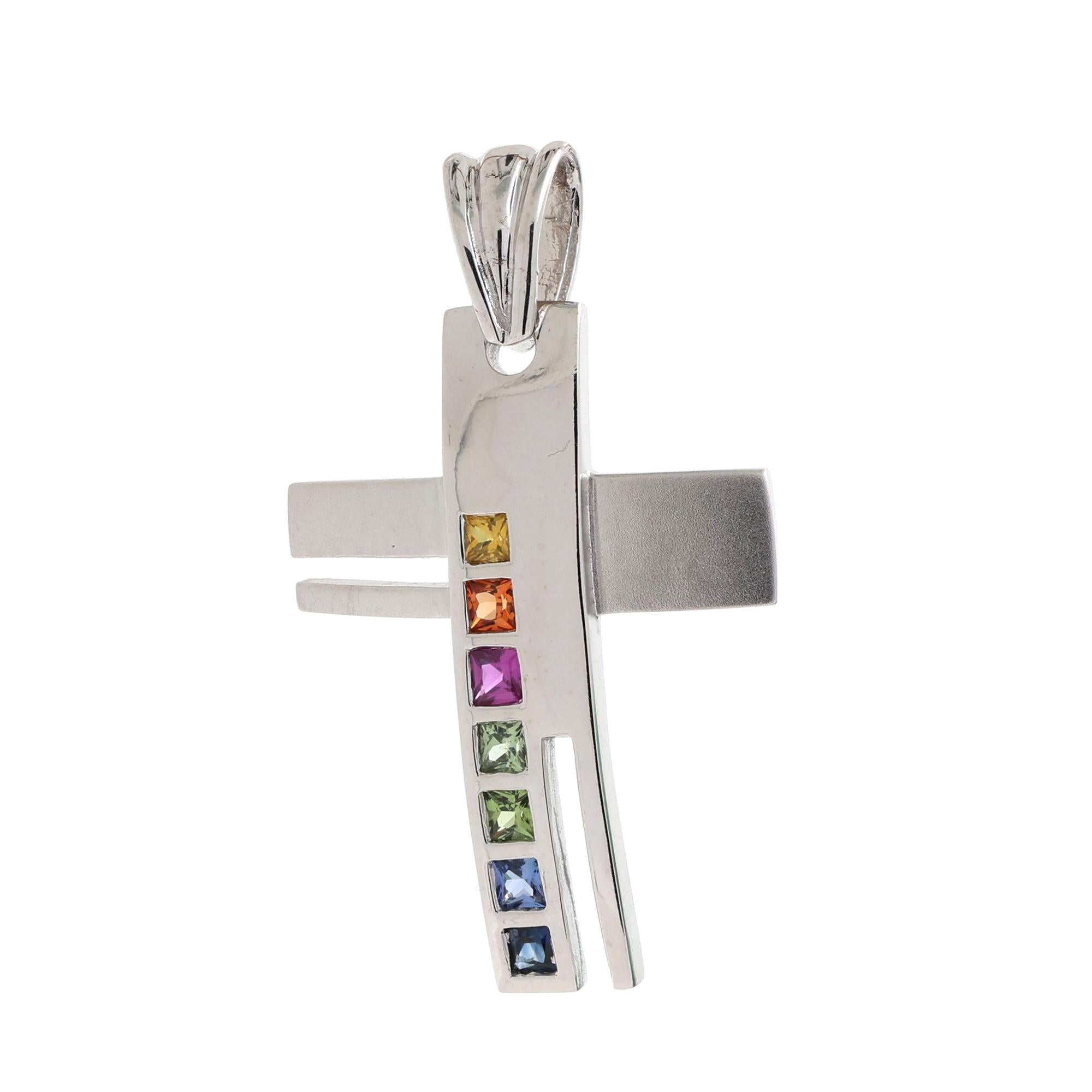 Religious Multi Colored Sapphire Cross Pendant 14K White Gold 1.40 CTW 1.75"