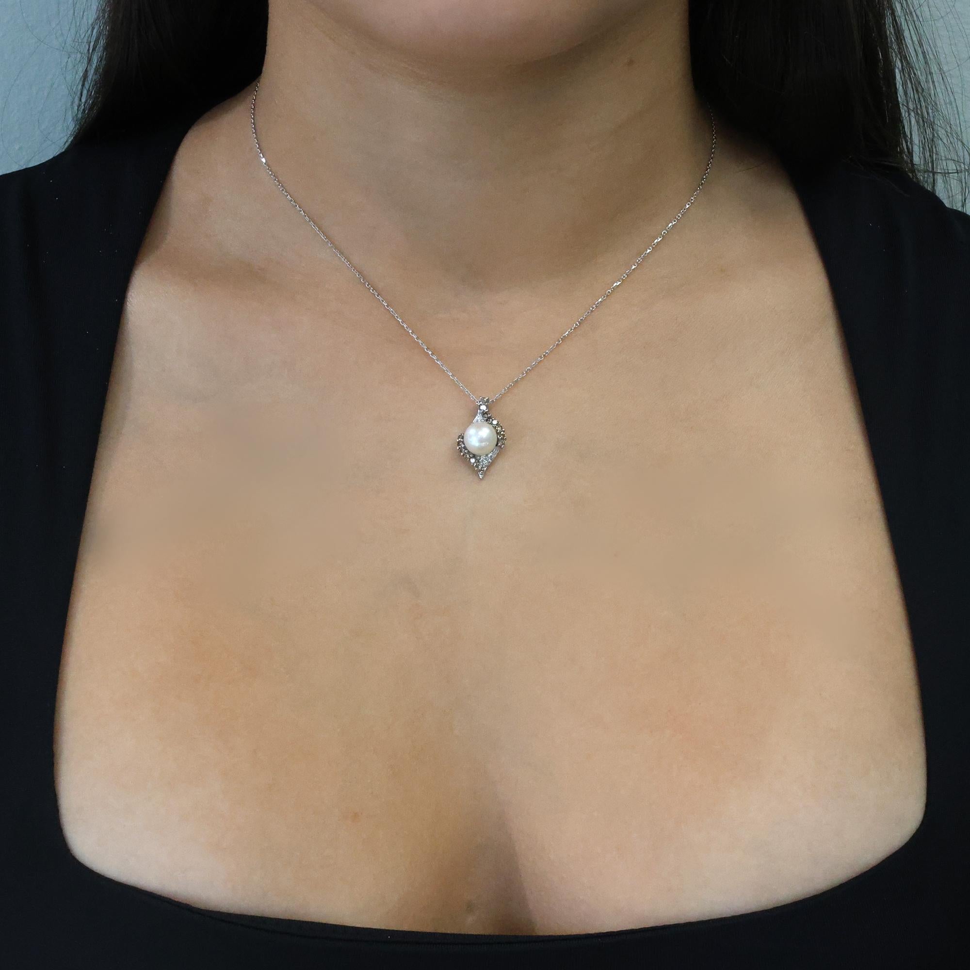Freshwater Pearl Diamond Pendant Chain Necklace 14K White Gold 16" Vintage