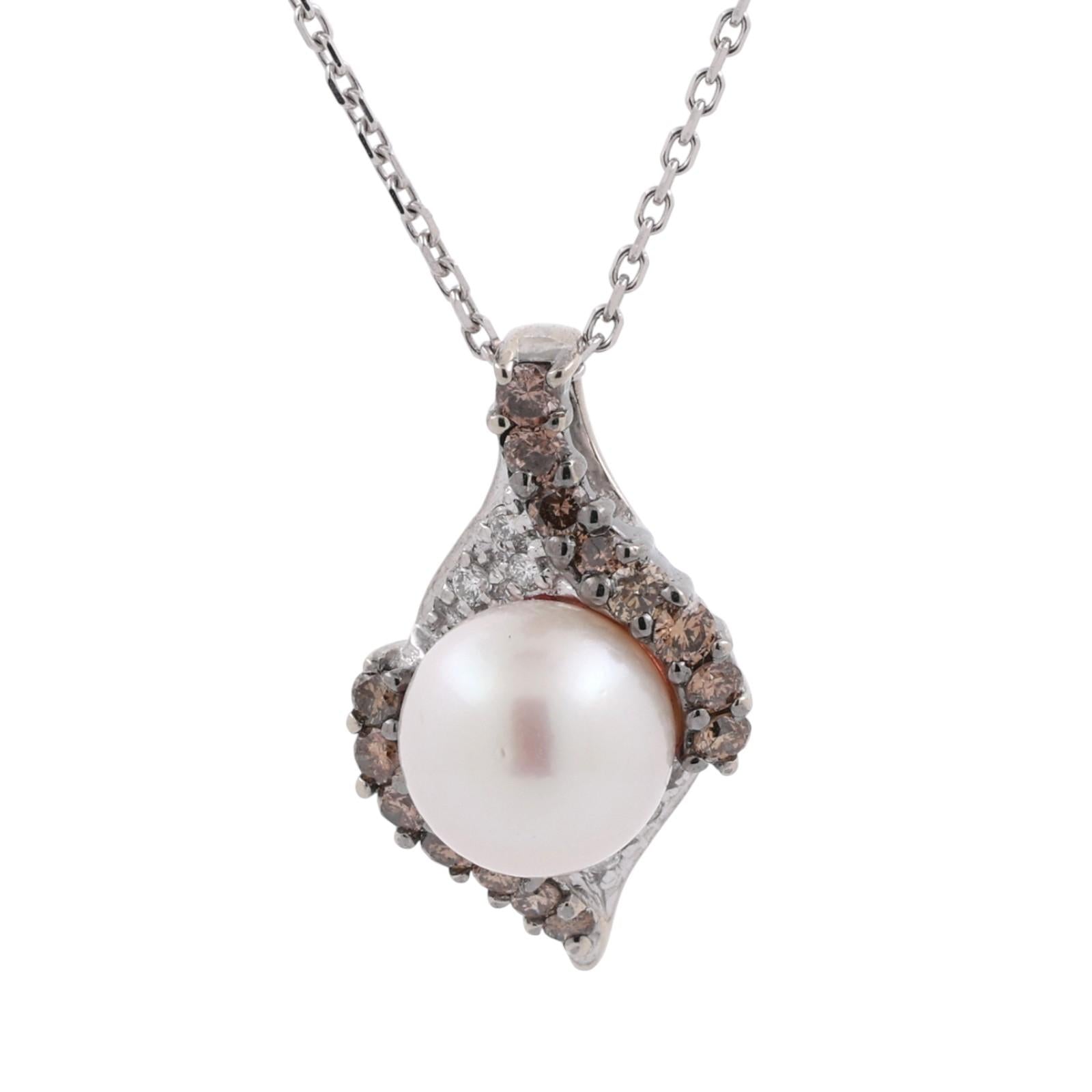 Freshwater Pearl Diamond Pendant Chain Necklace 14K White Gold 16" Vintage