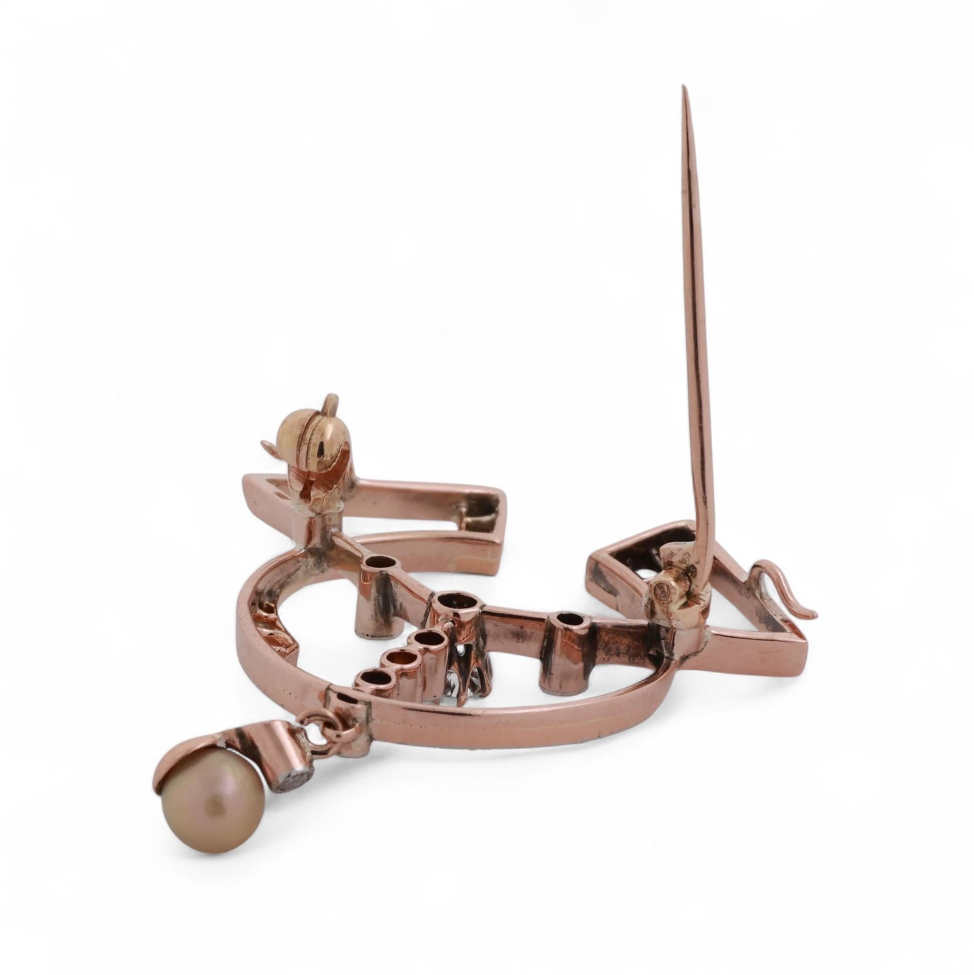 Art Deco 14K Rose Gold Diamond Pearl Brooch Pin 0.25 TW Old Euro Rose Cuts 1.45"