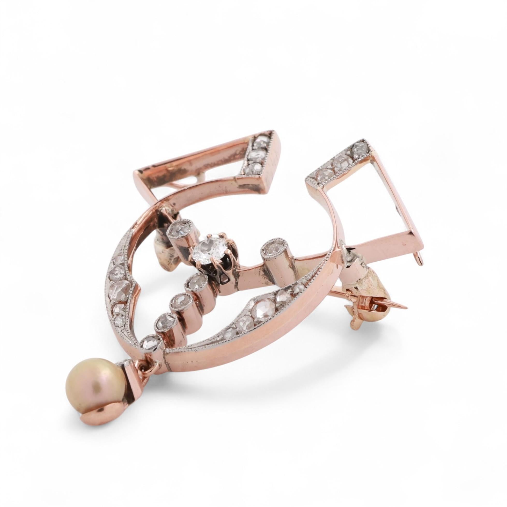Art Deco 14K Rose Gold Diamond Pearl Brooch Pin 0.25 TW Old Euro Rose Cuts 1.45"