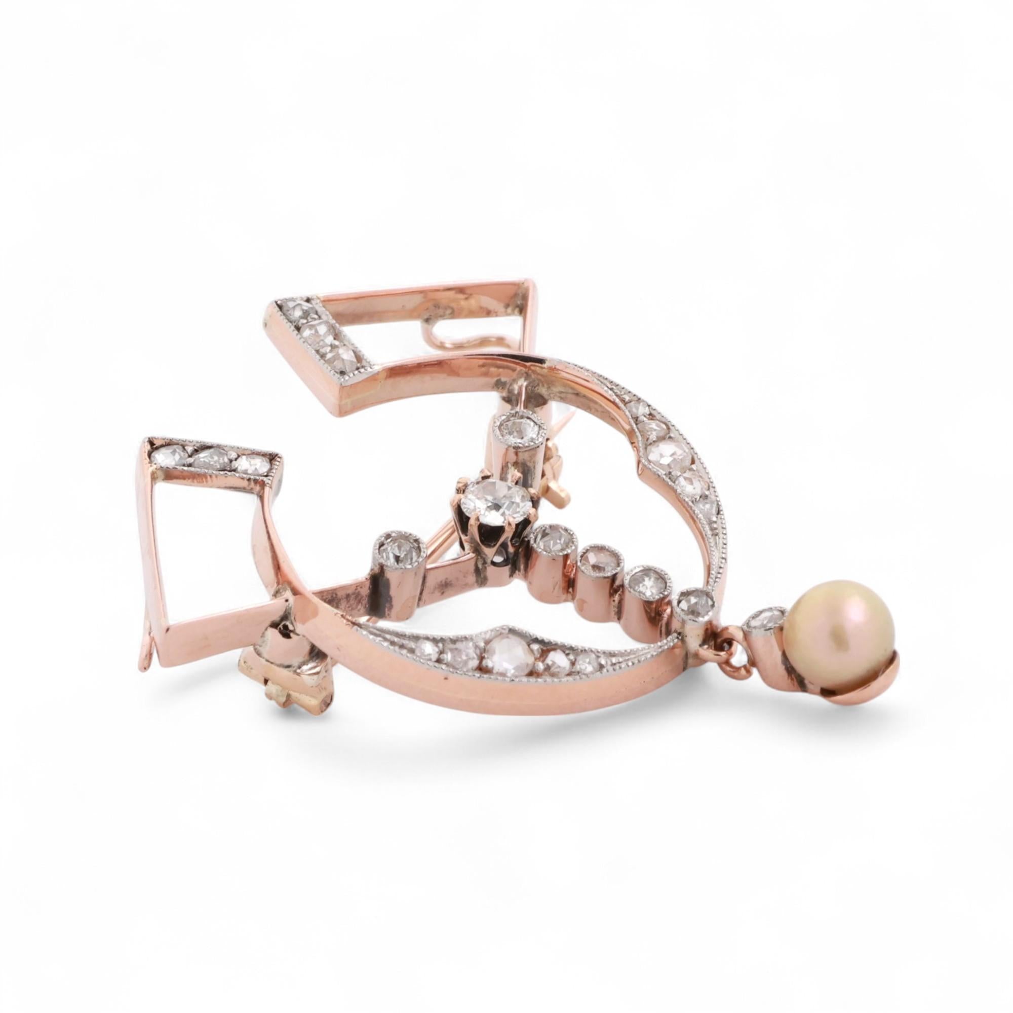 Art Deco 14K Rose Gold Diamond Pearl Brooch Pin 0.25 TW Old Euro Rose Cuts 1.45"