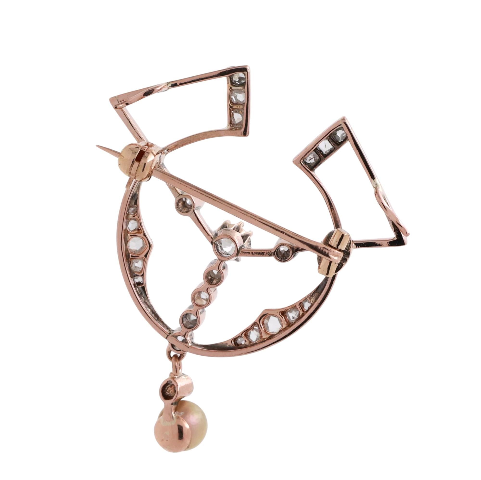 Art Deco 14K Rose Gold Diamond Pearl Brooch Pin 0.25 TW Old Euro Rose Cuts 1.45"