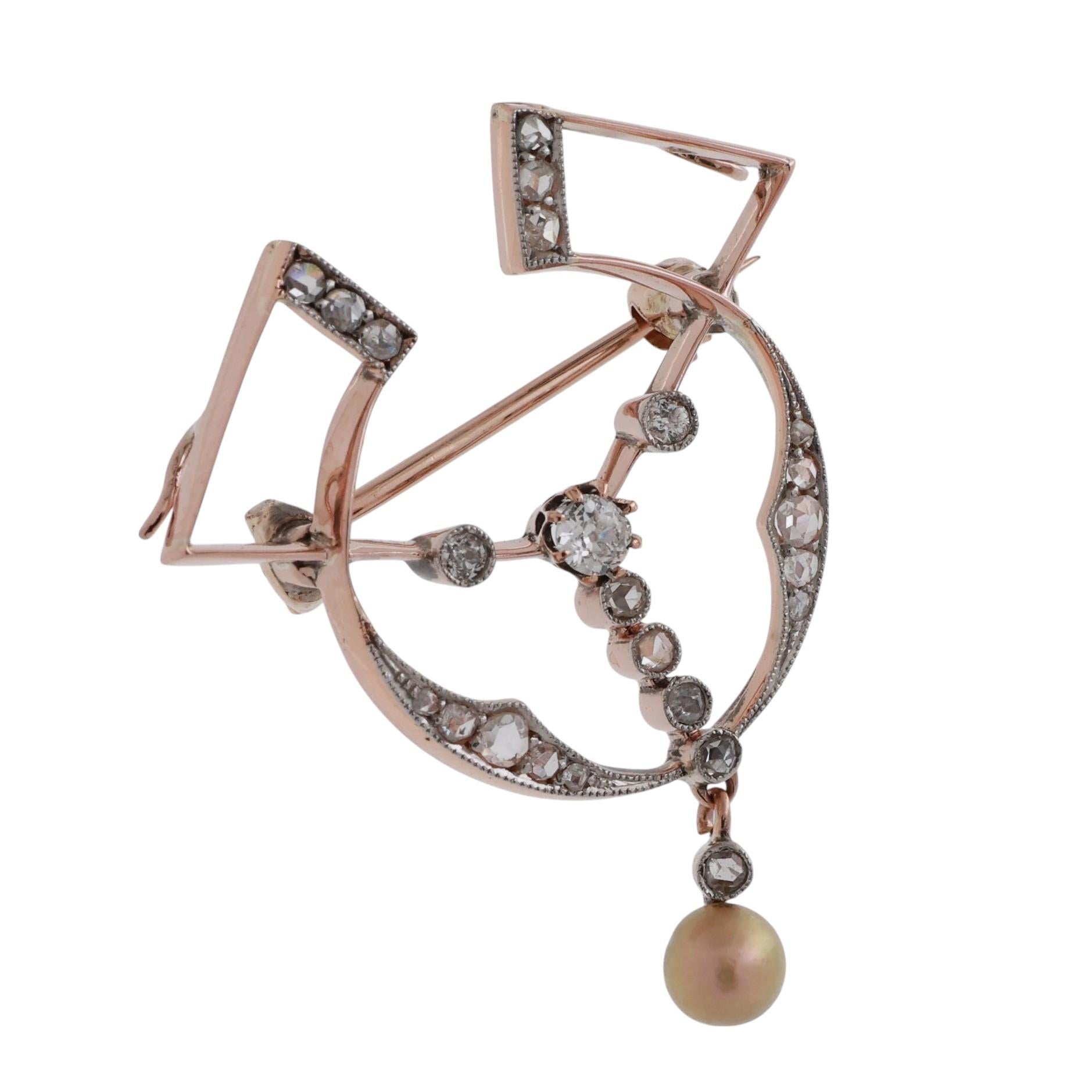 Art Deco 14K Rose Gold Diamond Pearl Brooch Pin 0.25 TW Old Euro Rose Cuts 1.45"