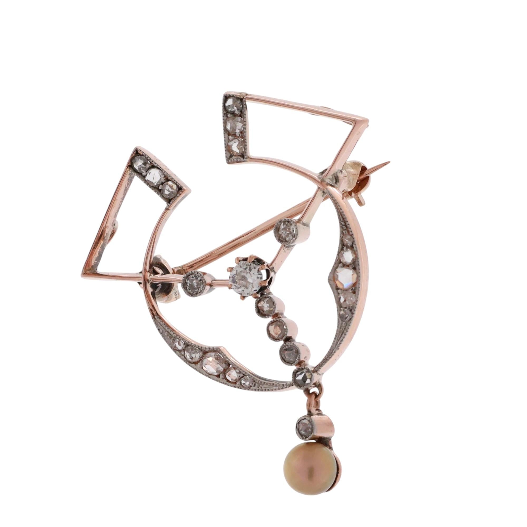 Art Deco 14K Rose Gold Diamond Pearl Brooch Pin 0.25 TW Old Euro Rose Cuts 1.45"