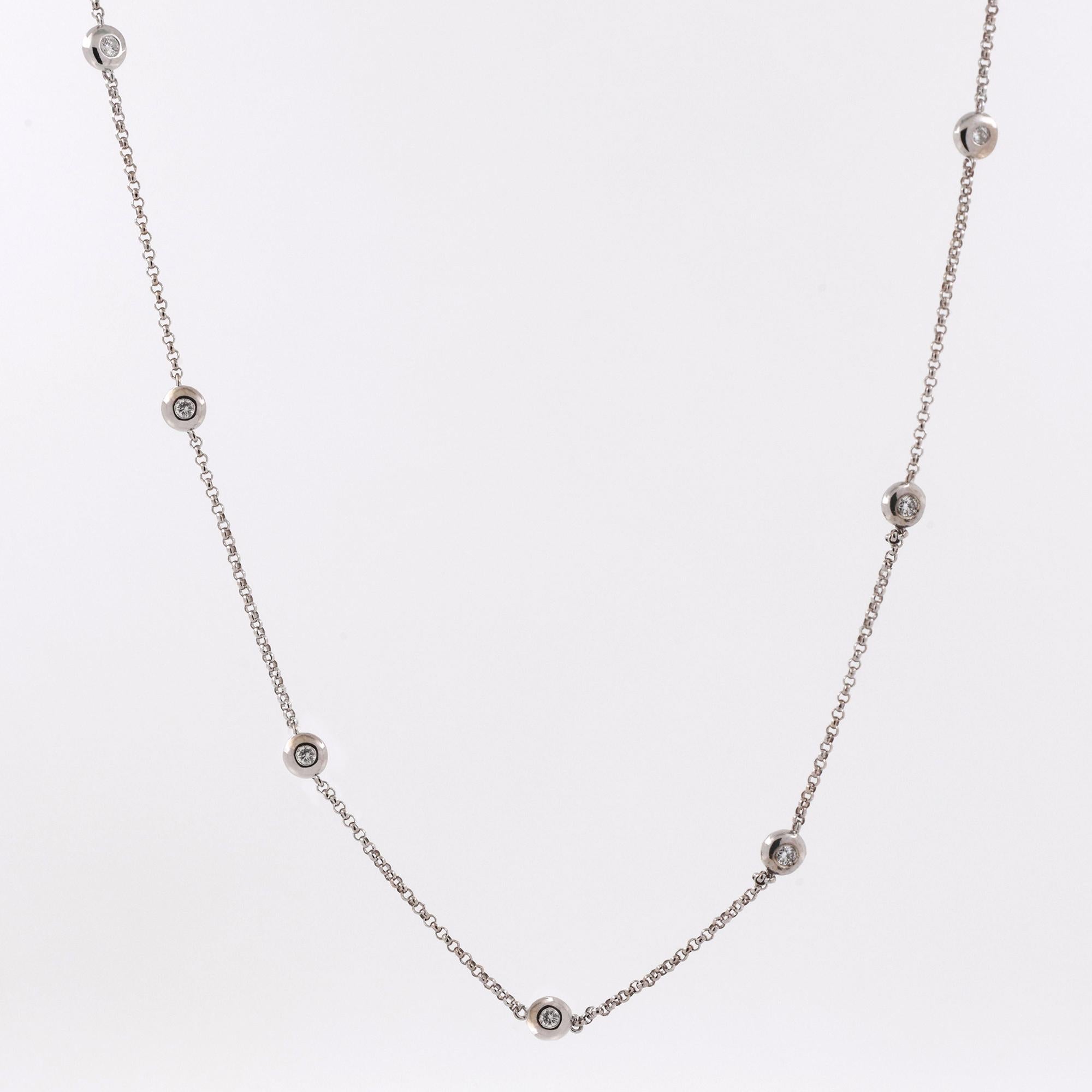 0.50 TW Bezel Diamond Station Necklace 14K White Gold Rolo Link Chain 17.75"