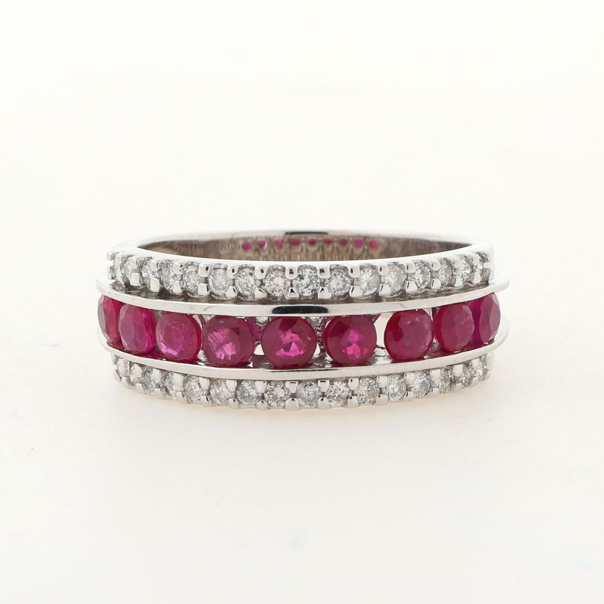 Diamond Ruby Wide Band Ring 14K White Gold 1.49 CTW Size 8 Estate