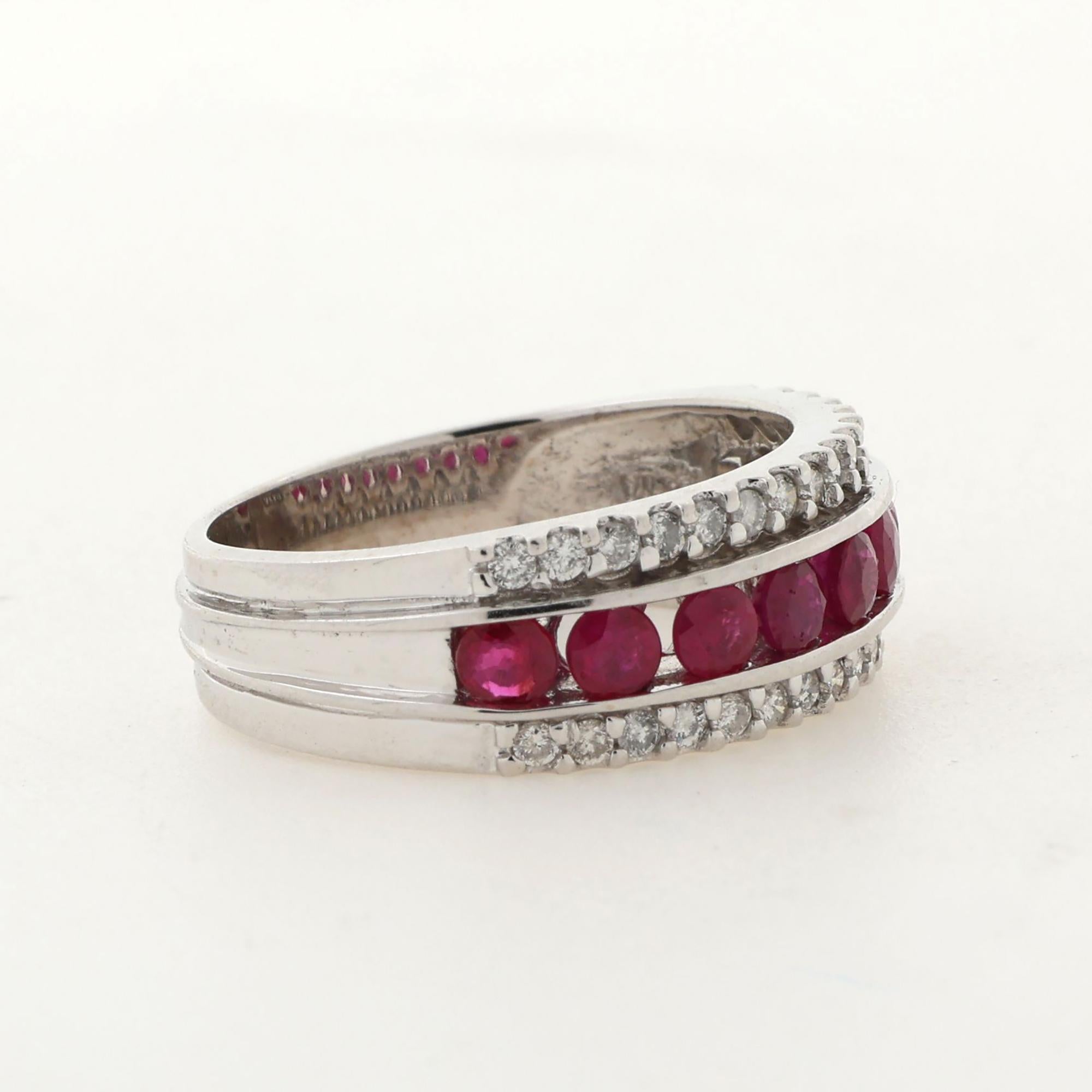 Diamond Ruby Wide Band Ring 14K White Gold 1.49 CTW Size 8 Estate