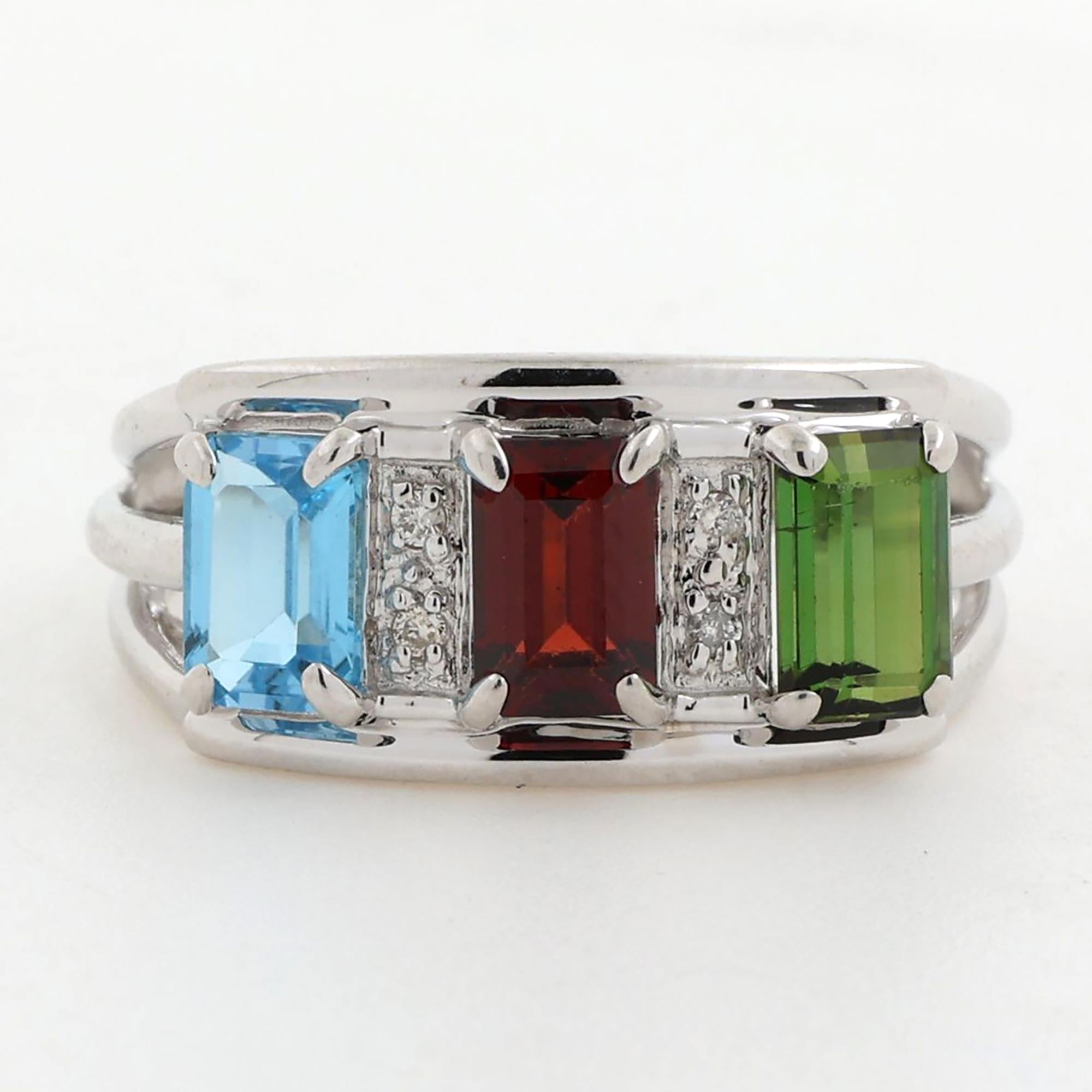 Multi Gemstone Diamond Band Ring 14K White Gold 2.11 CTW Size 7.25 Estate