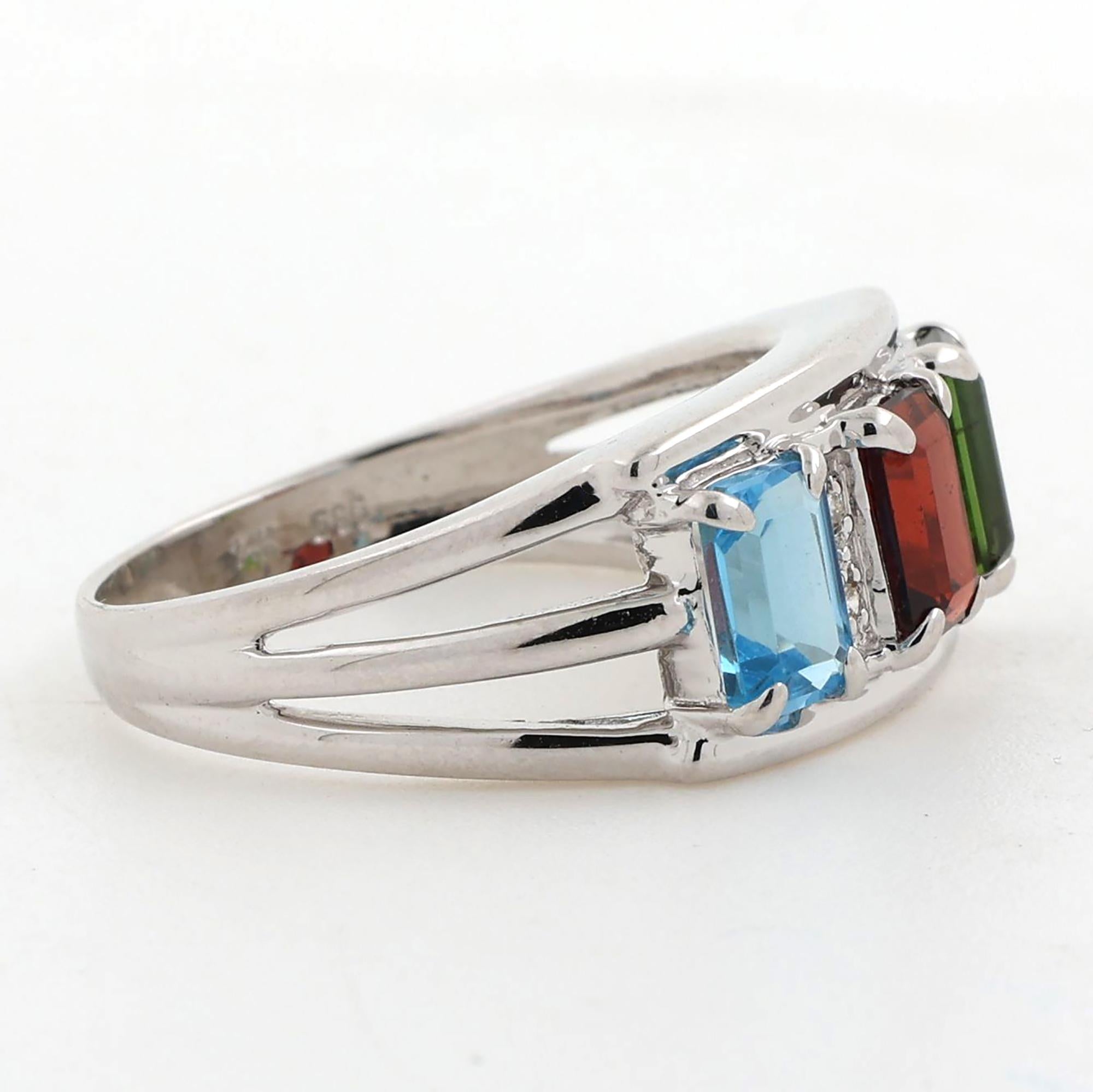 Multi Gemstone Diamond Band Ring 14K White Gold 2.11 CTW Size 7.25 Estate