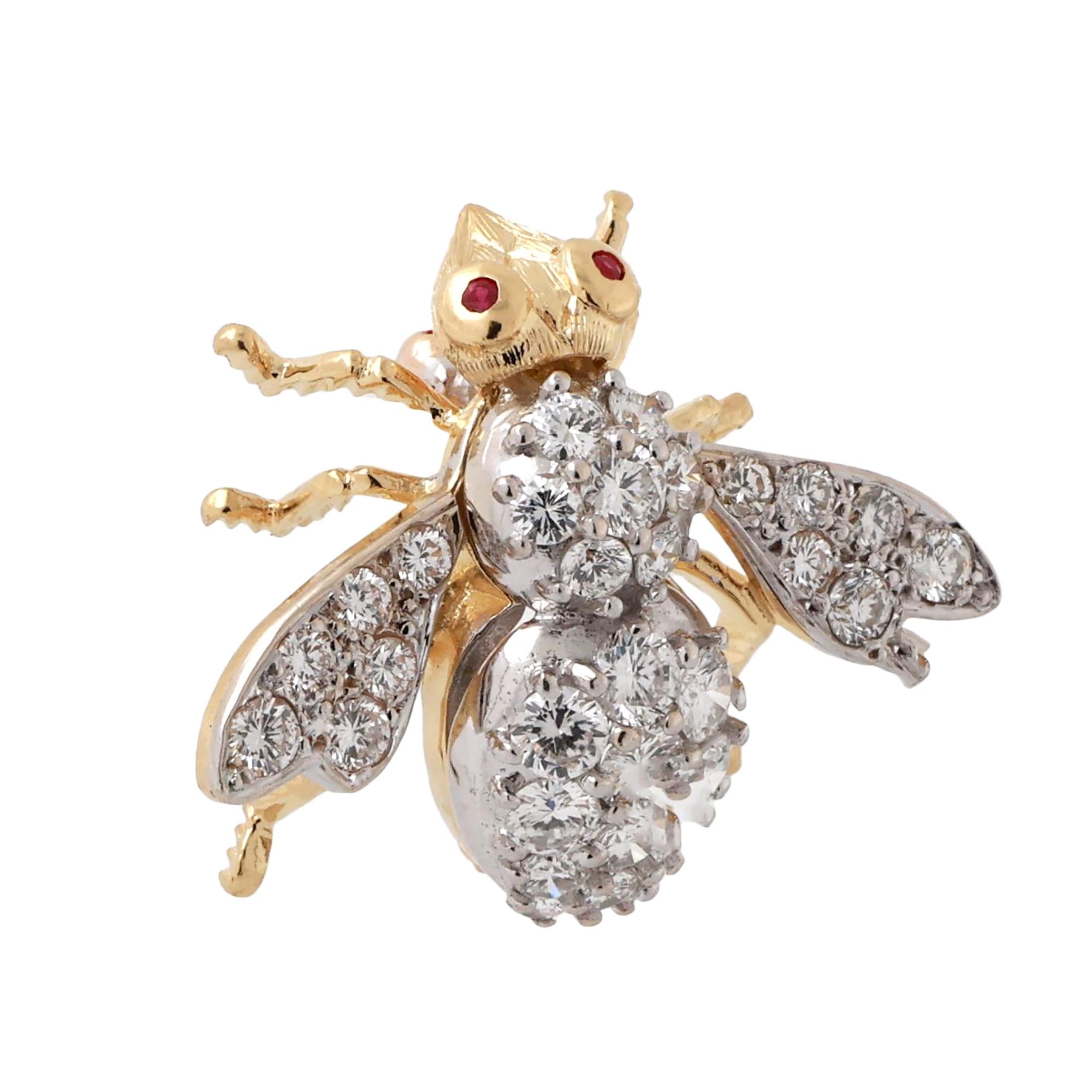 Tiffany & Co. HERBERT ROSENTHAL Bee Brooch 18K Gold 2.02 TW Diamonds Rubies 1"