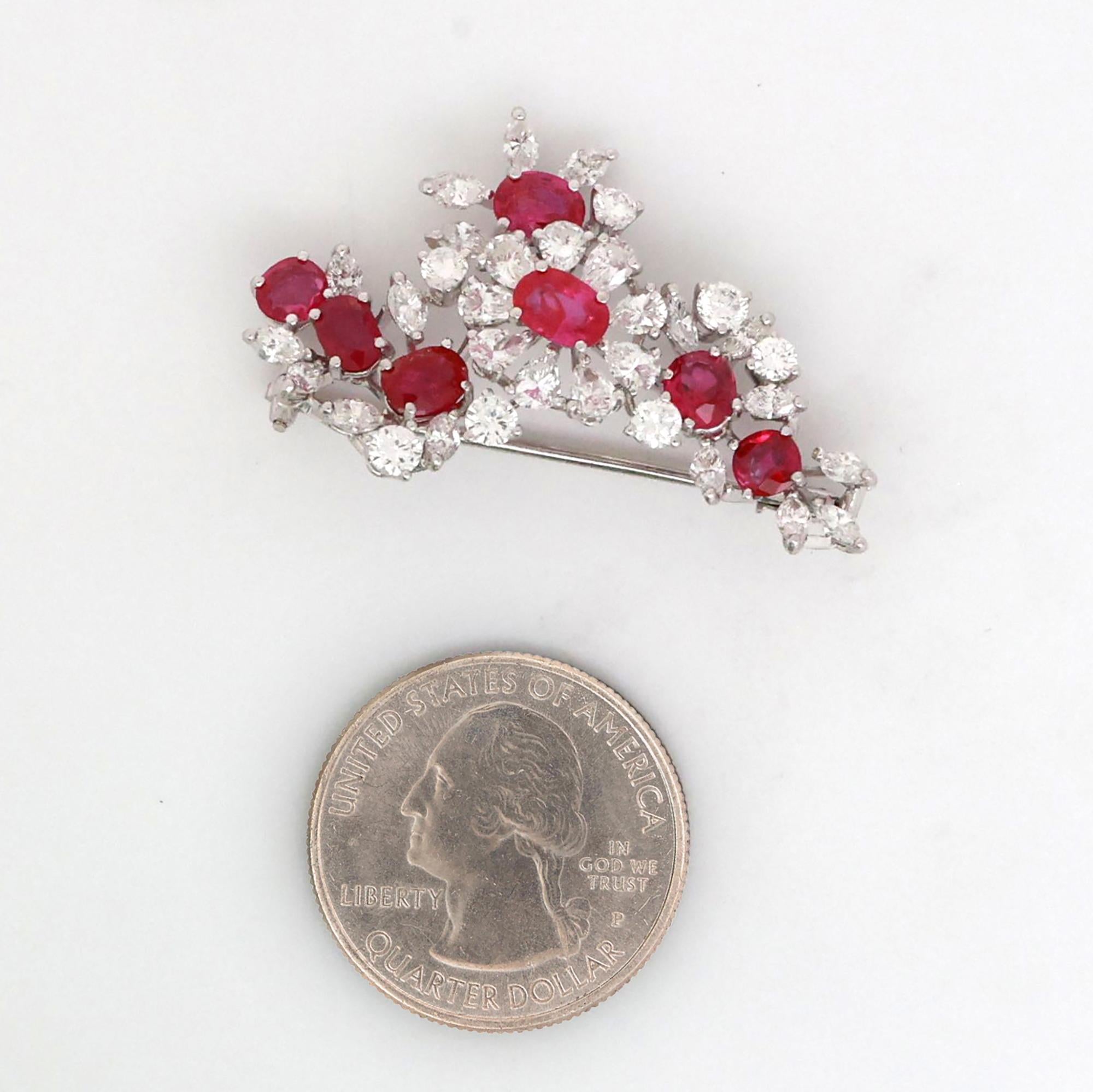 GIA Certified Burmese Ruby Diamond Floral Brooch Pin Platinum 7.10CTW No Heat
