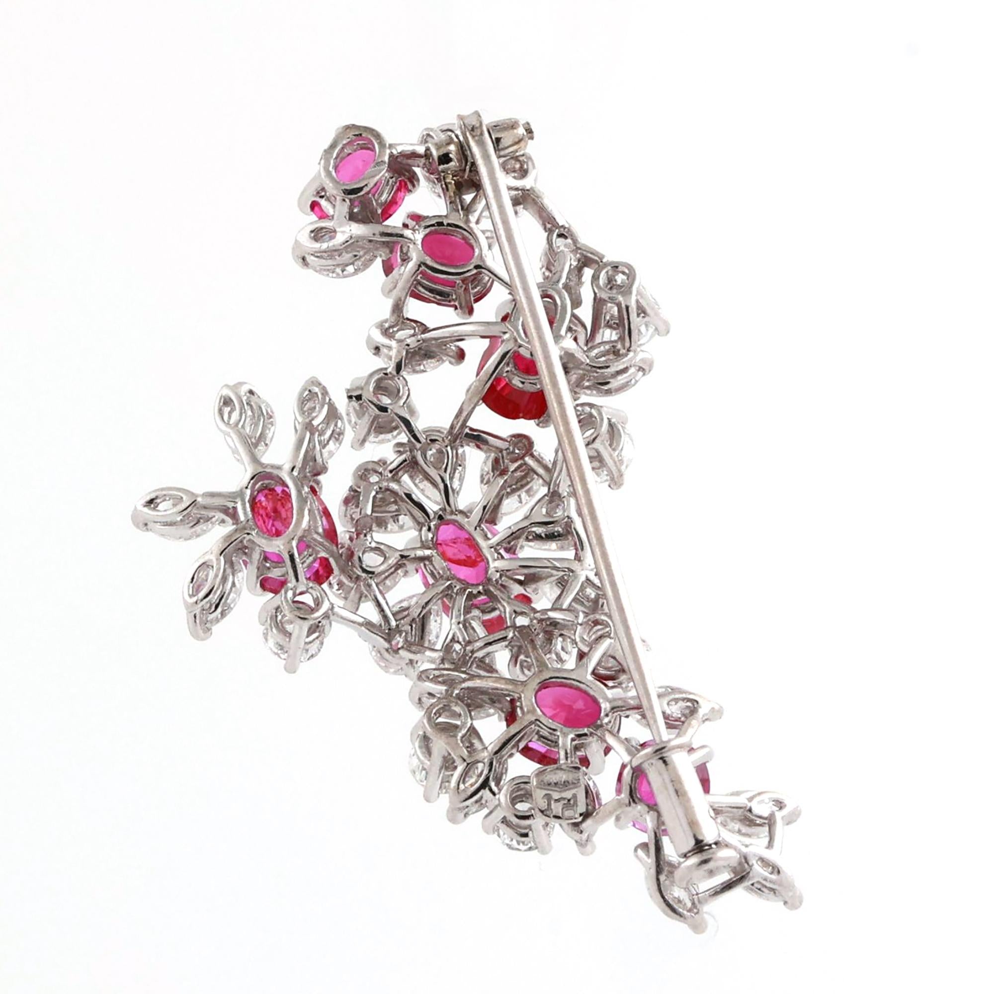 GIA Certified Burmese Ruby Diamond Floral Brooch Pin Platinum 7.10CTW No Heat