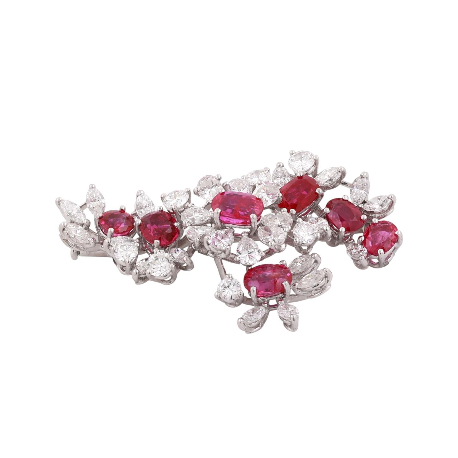 GIA Certified Burmese Ruby Diamond Floral Brooch Pin Platinum 7.10CTW No Heat