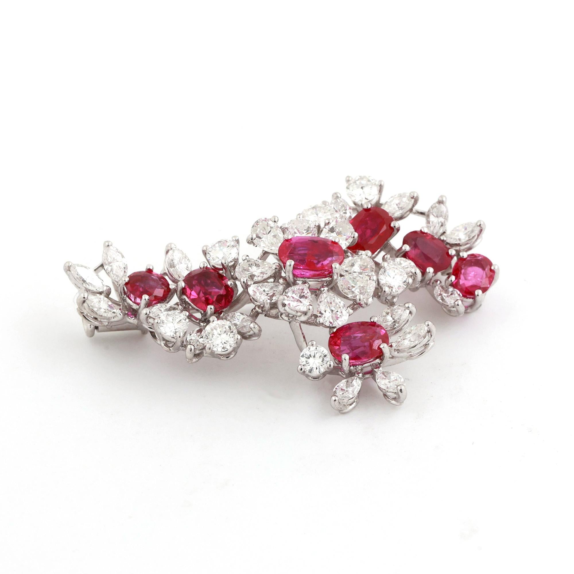 GIA Certified Burmese Ruby Diamond Floral Brooch Pin Platinum 7.10CTW No Heat