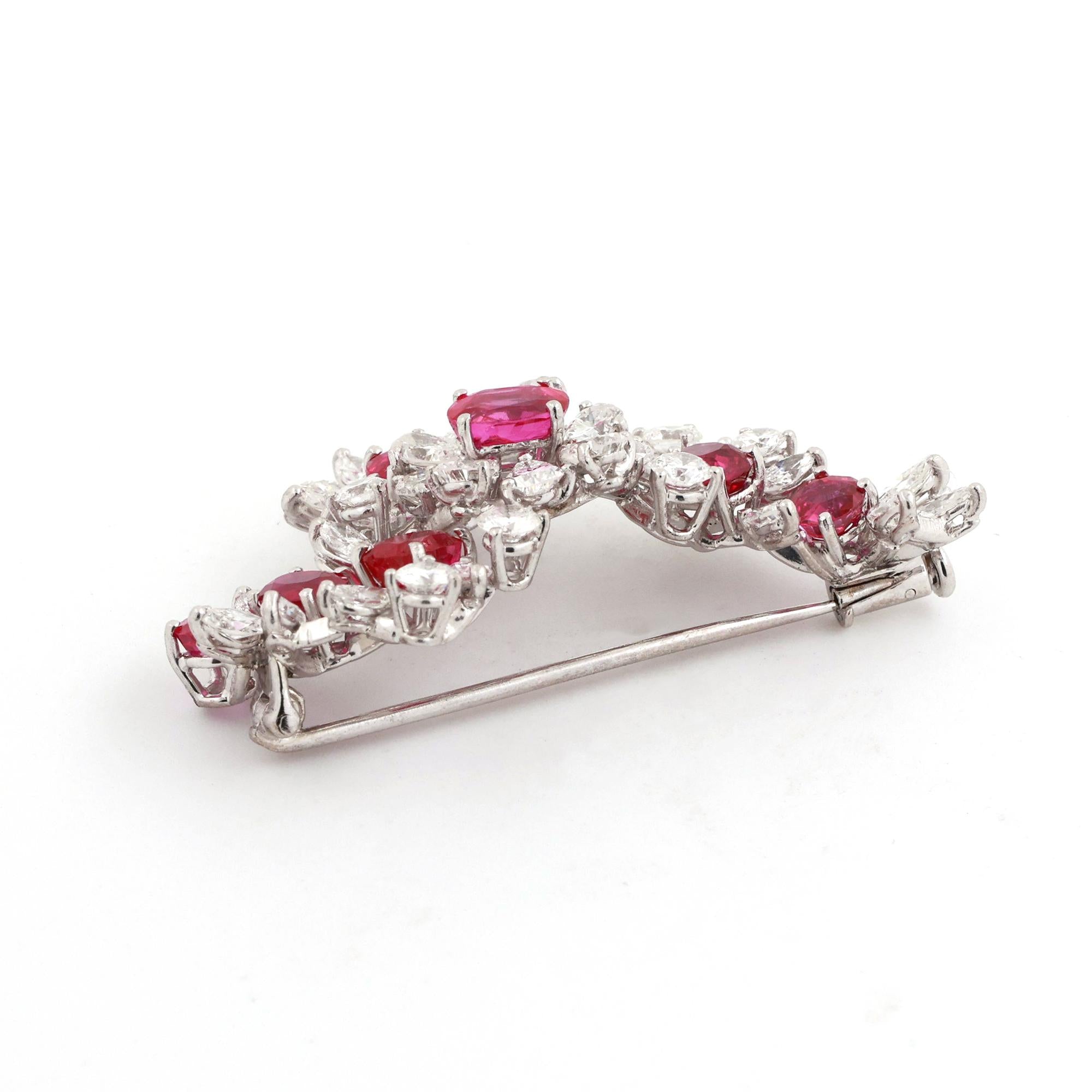 GIA Certified Burmese Ruby Diamond Floral Brooch Pin Platinum 7.10CTW No Heat