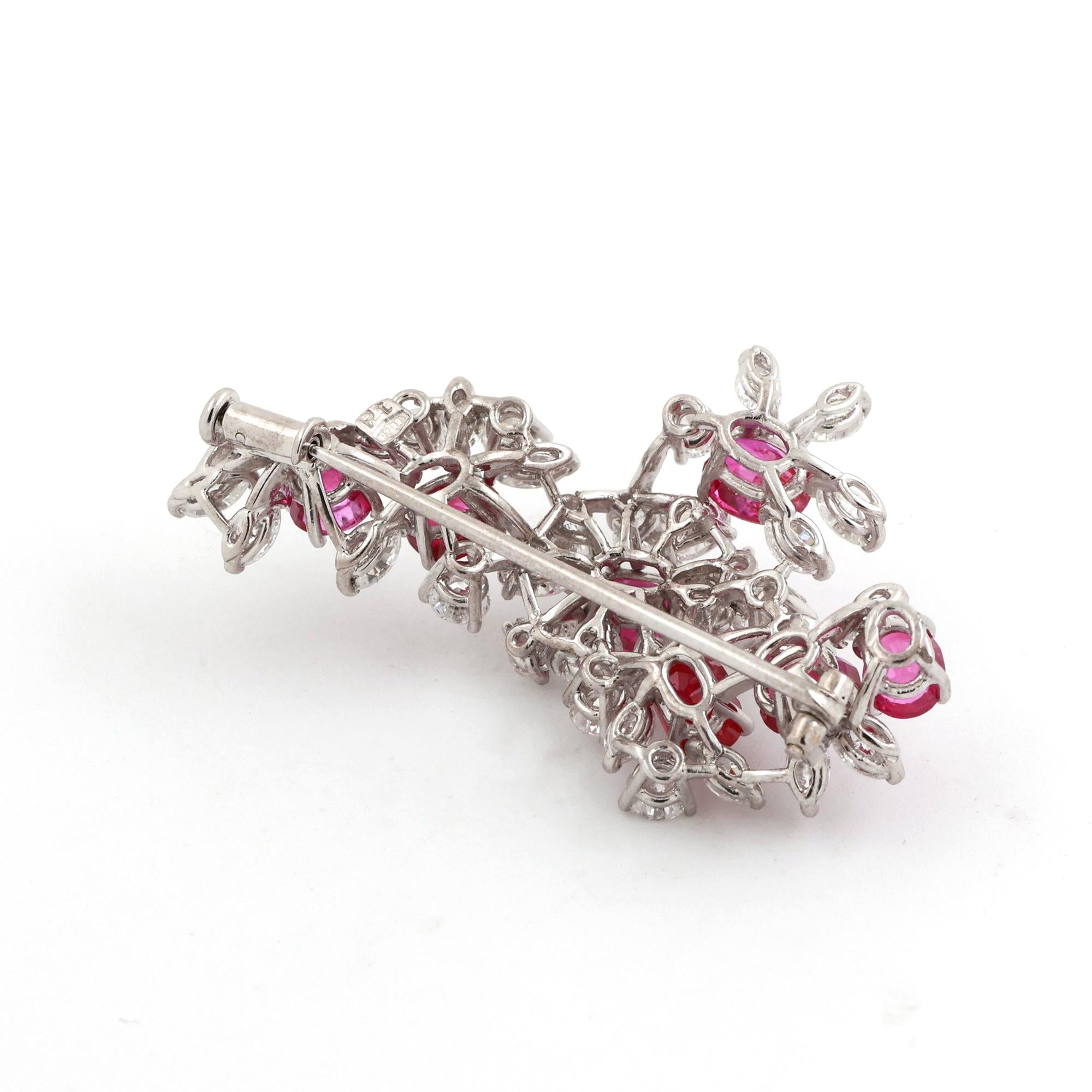 GIA Certified Burmese Ruby Diamond Floral Brooch Pin Platinum 7.10CTW No Heat