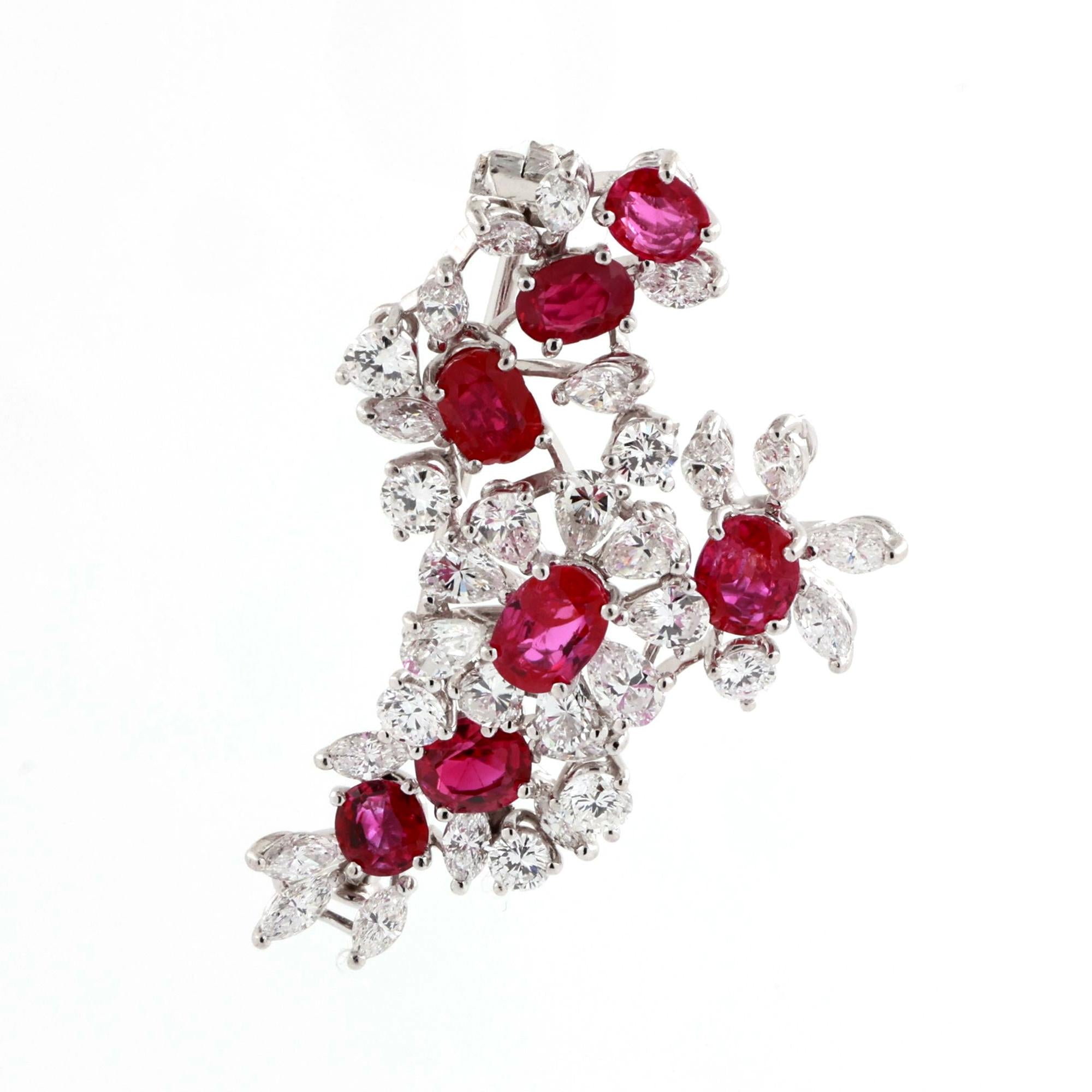 GIA Certified Burmese Ruby Diamond Floral Brooch Pin Platinum 7.10CTW No Heat