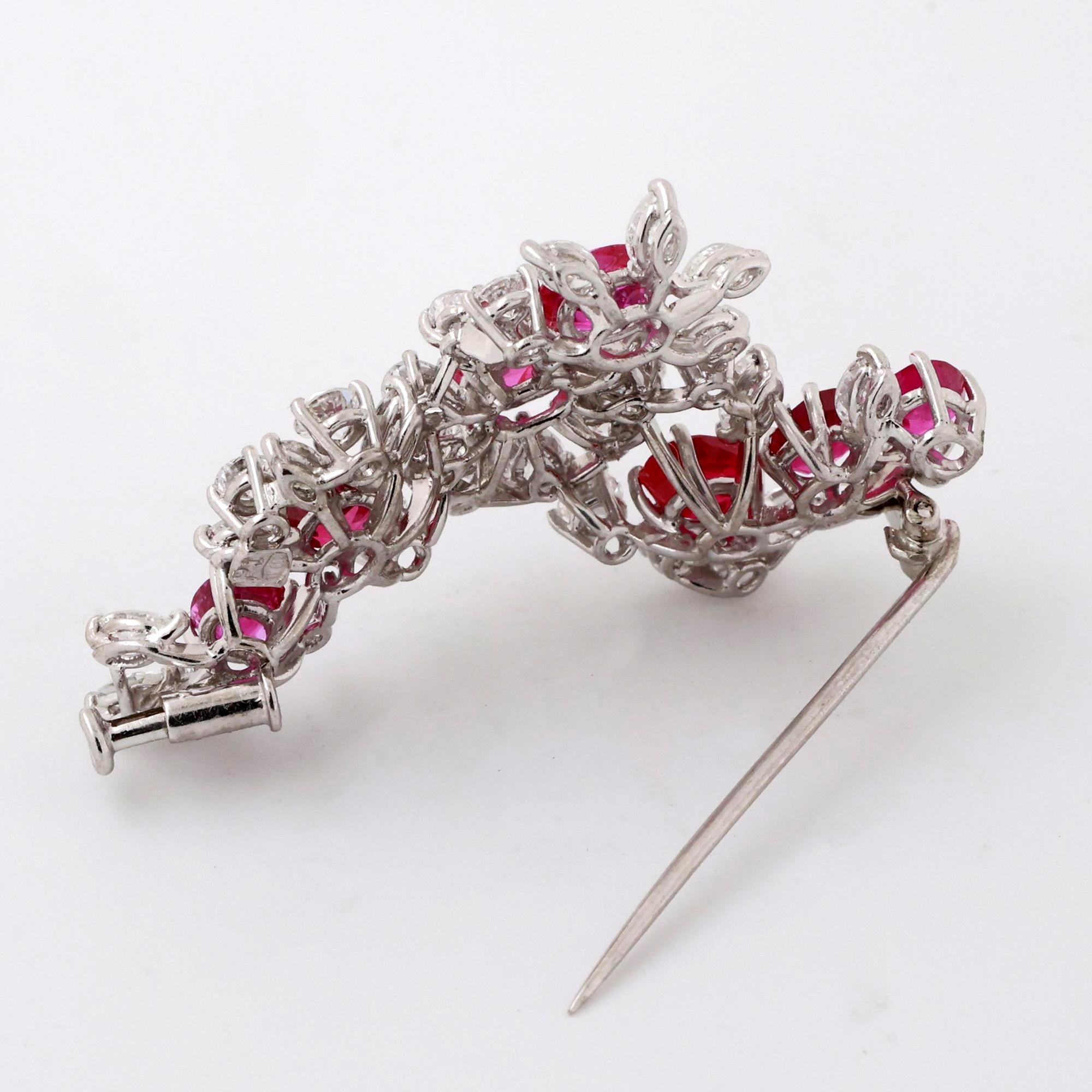 GIA Certified Burmese Ruby Diamond Floral Brooch Pin Platinum 7.10CTW No Heat