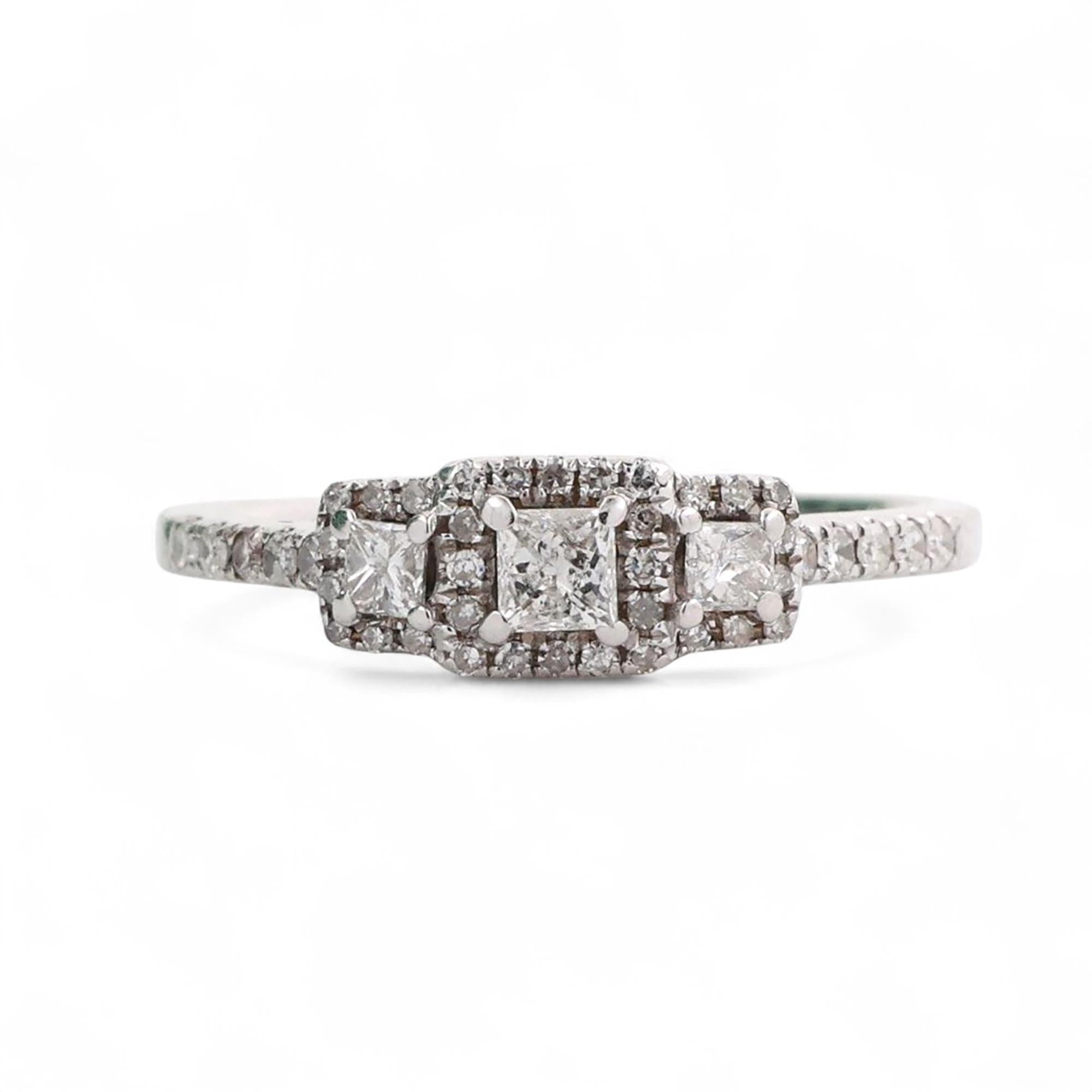 0.60 TW 3-Stone Princess Cut Halo Diamond Engagement Ring 14K White Gold Size 6