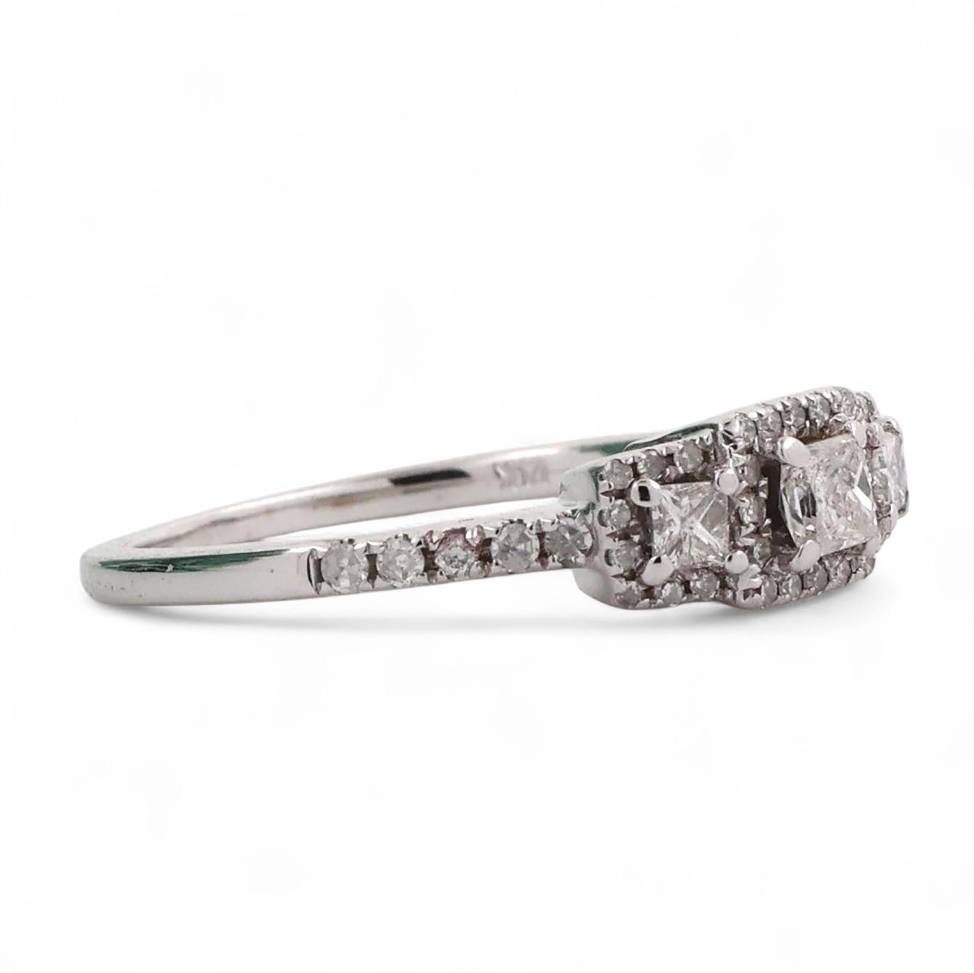 0.60 TW 3-Stone Princess Cut Halo Diamond Engagement Ring 14K White Gold Size 6