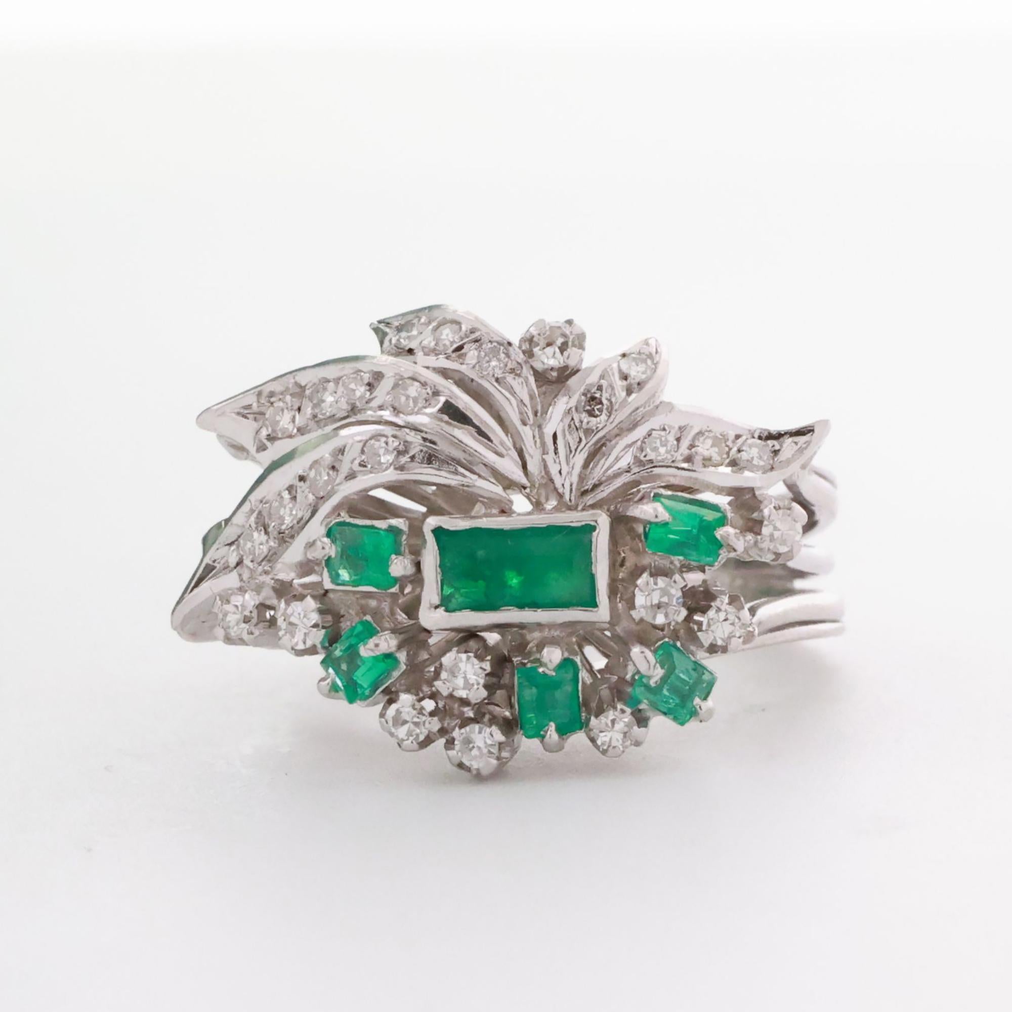 Emerald Diamond Floral Cocktail Ring White Gold 1.10 CTW Size 5.5 Vintage Estate