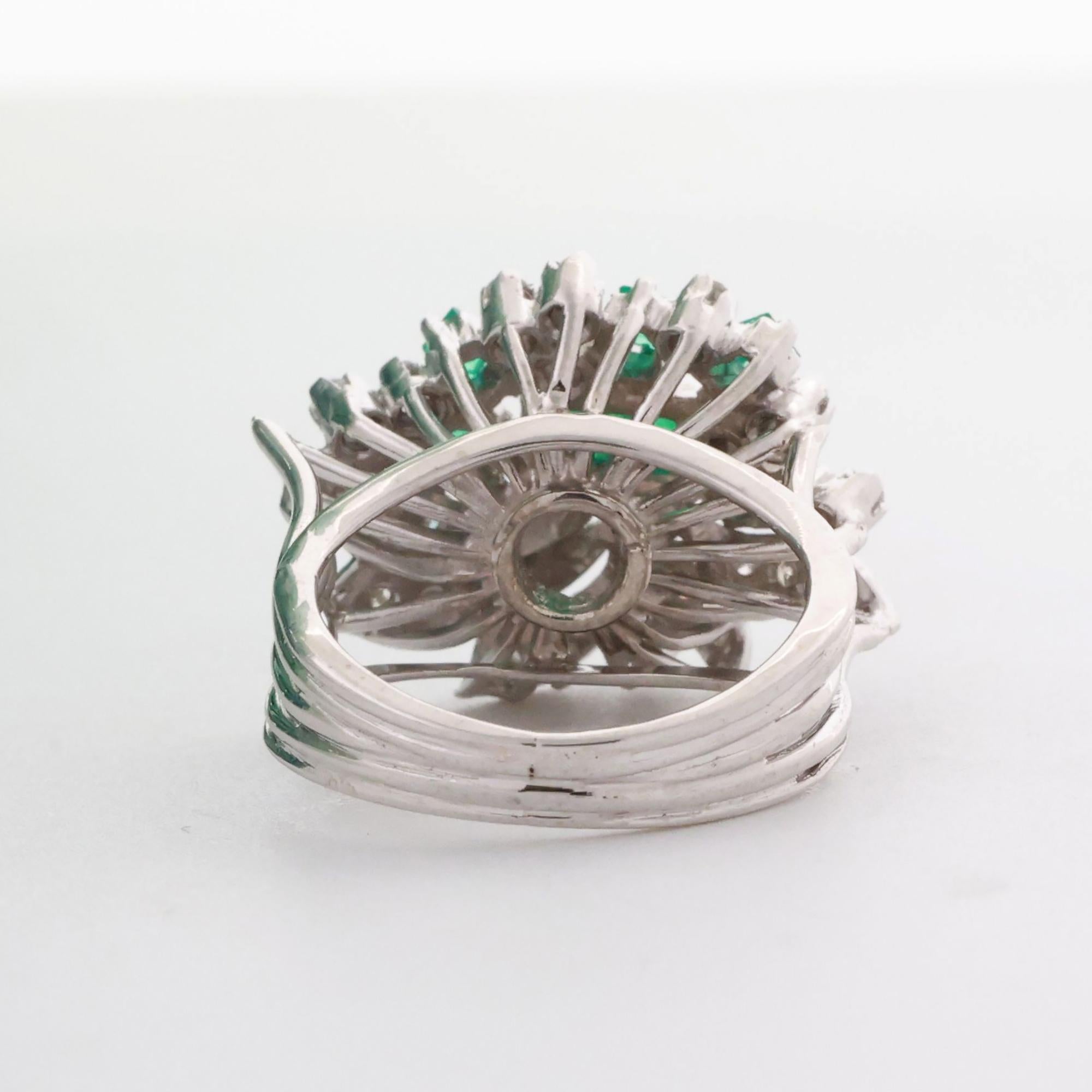 Emerald Diamond Floral Cocktail Ring White Gold 1.10 CTW Size 5.5 Vintage Estate