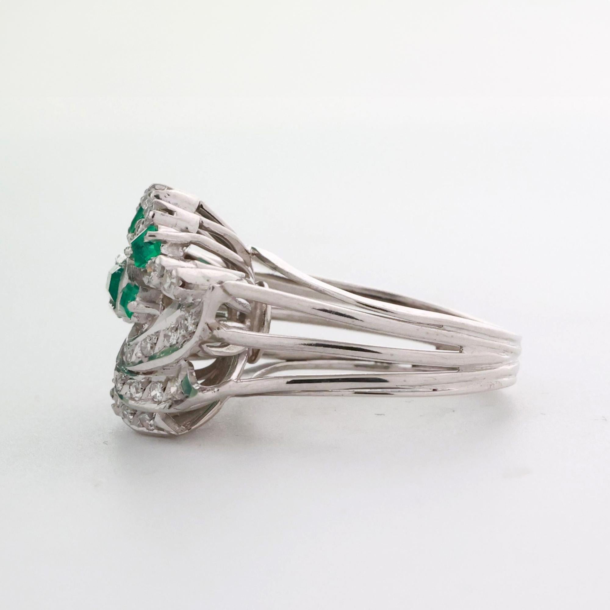 Emerald Diamond Floral Cocktail Ring White Gold 1.10 CTW Size 5.5 Vintage Estate