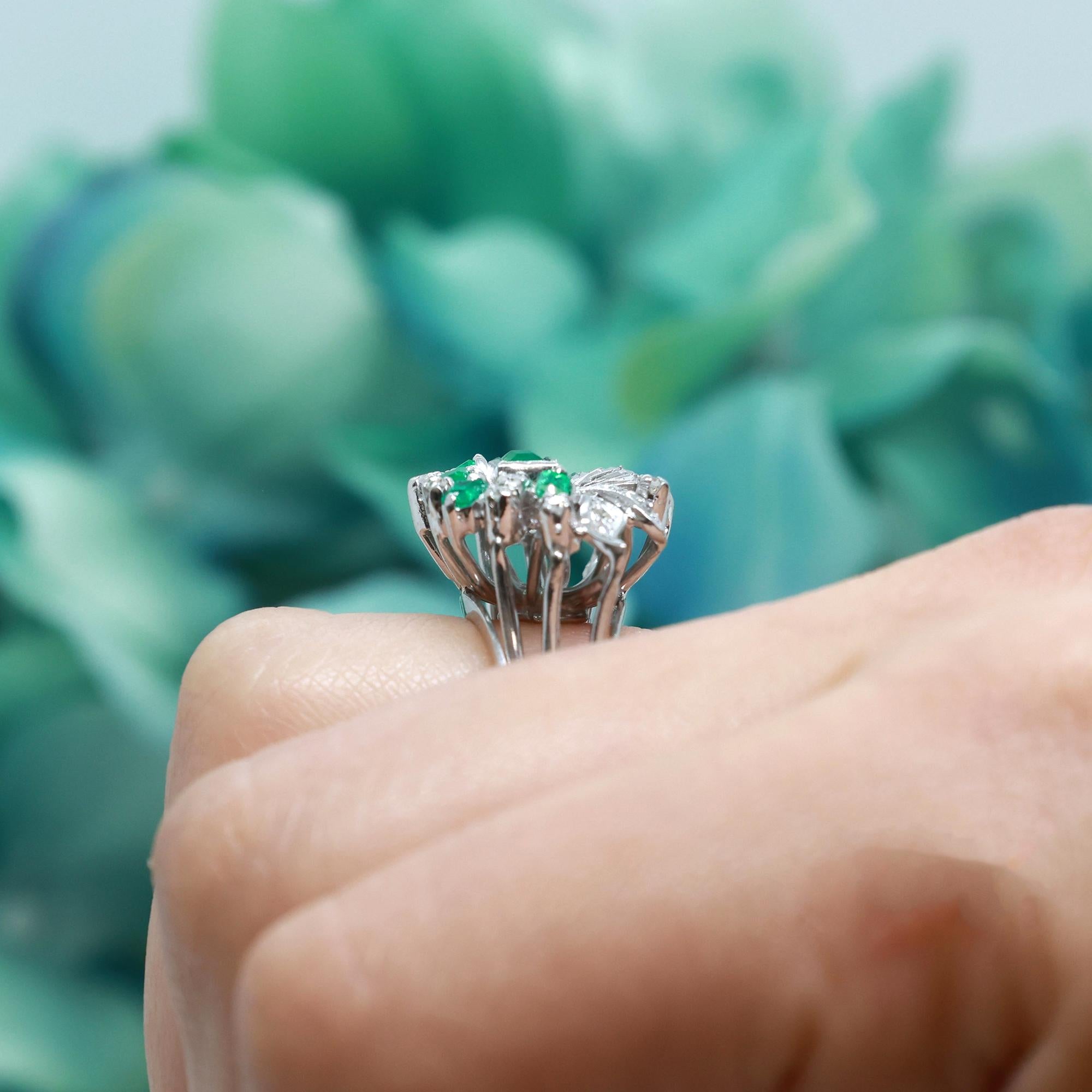 Emerald Diamond Floral Cocktail Ring White Gold 1.10 CTW Size 5.5 Vintage Estate