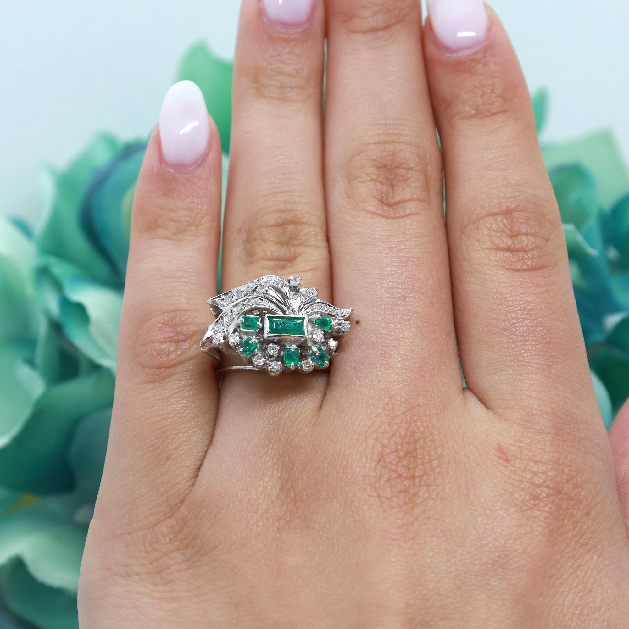 Emerald Diamond Floral Cocktail Ring White Gold 1.10 CTW Size 5.5 Vintage Estate