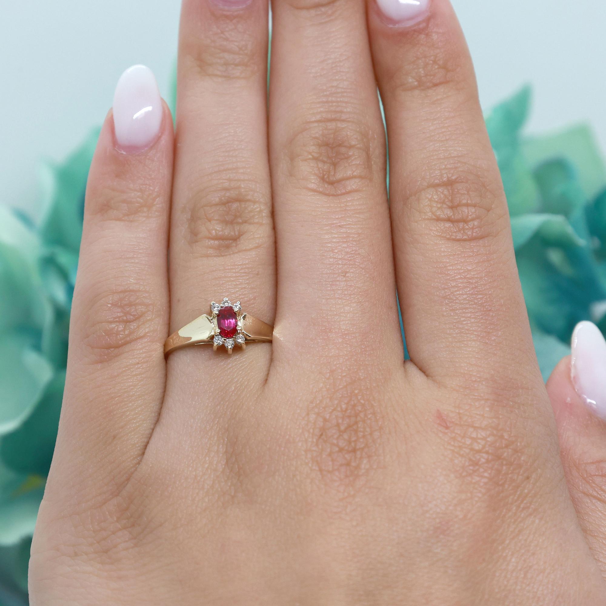 Ruby Diamond Floral Ring 10K Yellow Gold 0.37 CTW Lab Grown Ladies Size 6