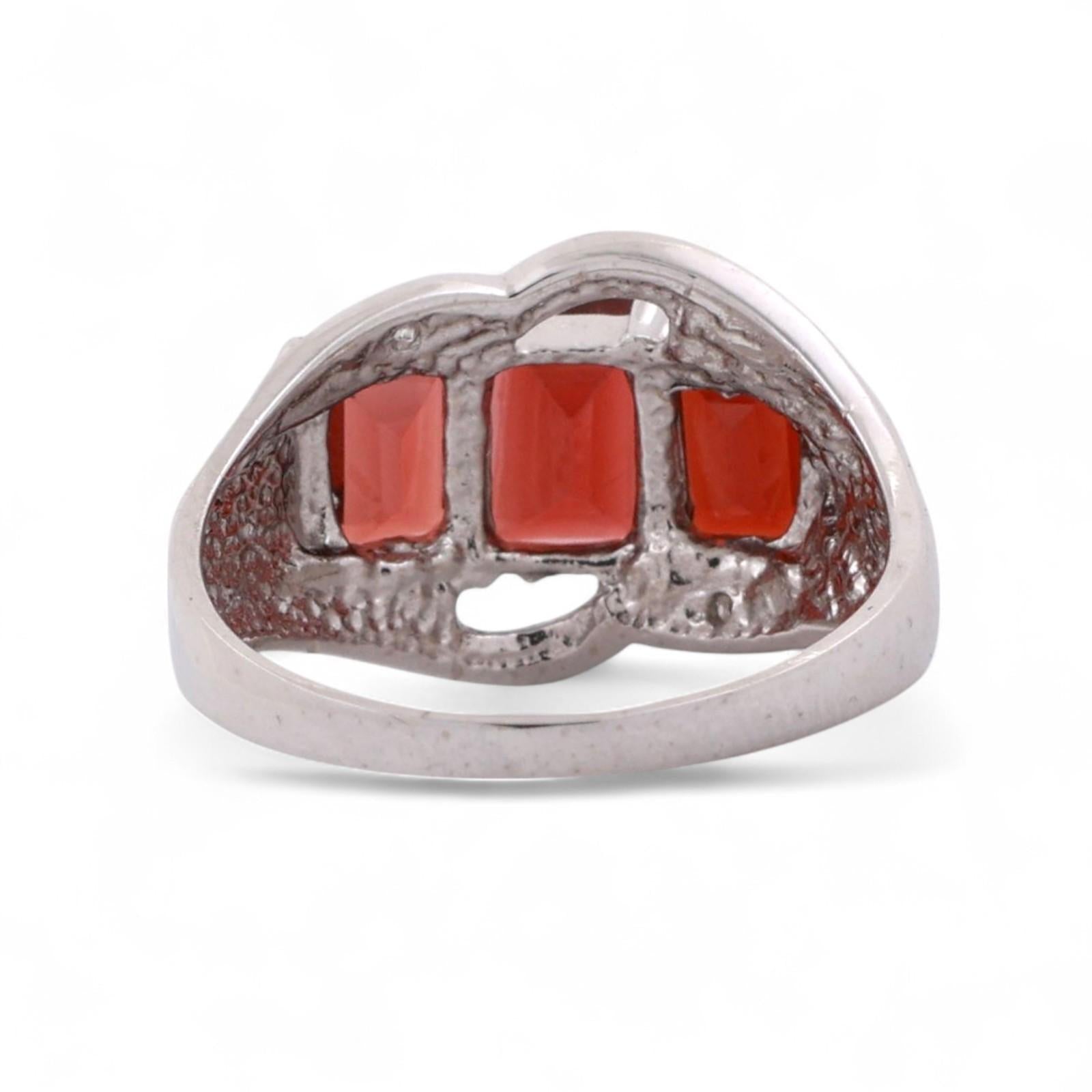 3-Stone Emerald Cut Garnet Diamond Ring 10K White Gold Swirl 2.78 CTW Size 6
