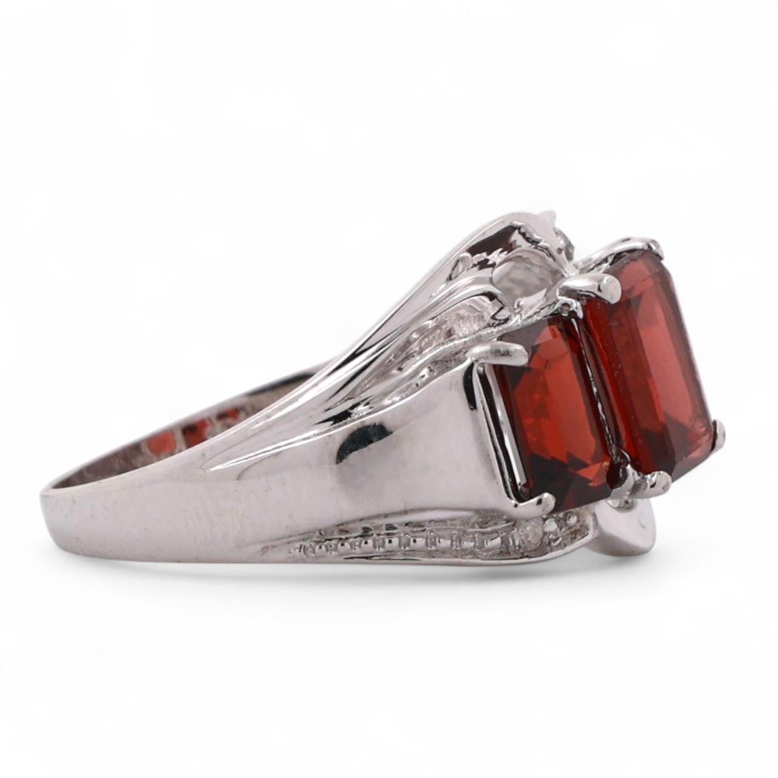 3-Stone Emerald Cut Garnet Diamond Ring 10K White Gold Swirl 2.78 CTW Size 6