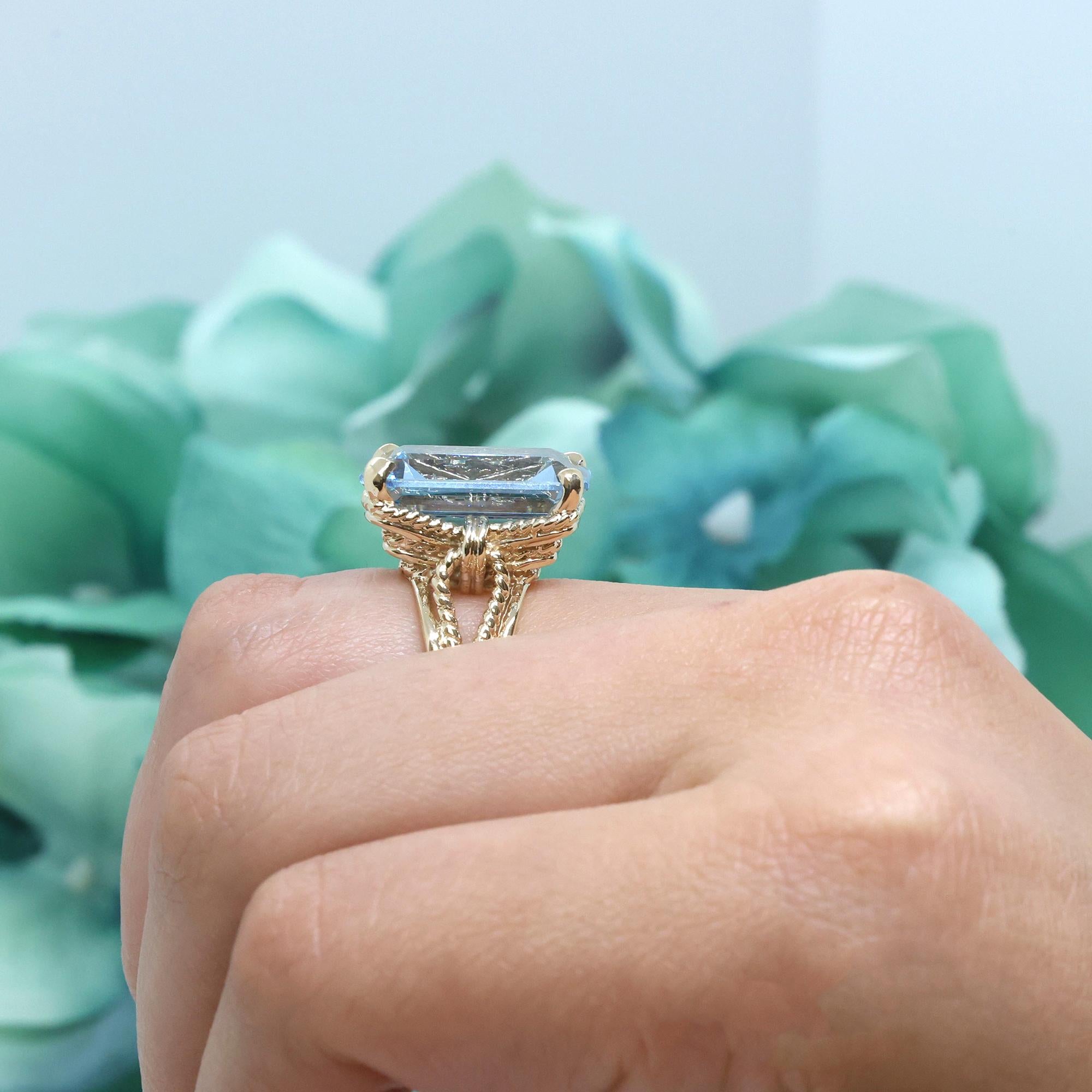 Emerald Cut Blue Topaz Cocktail Solitaire Ring 10K Yellow Gold 23.52 CT Size 5.5