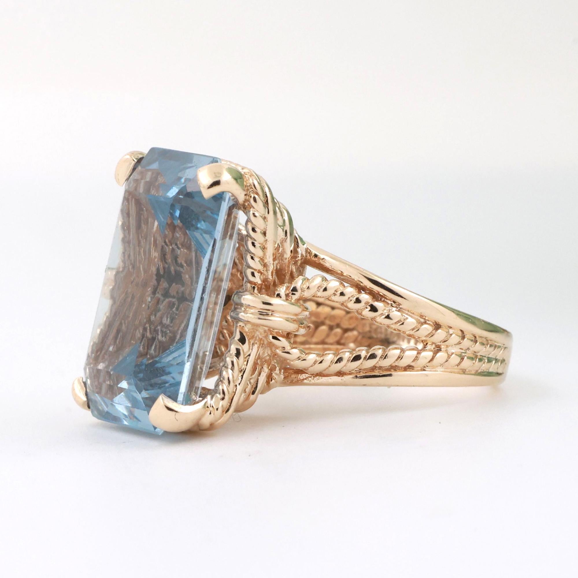 Emerald Cut Blue Topaz Cocktail Solitaire Ring 10K Yellow Gold 23.52 CT Size 5.5