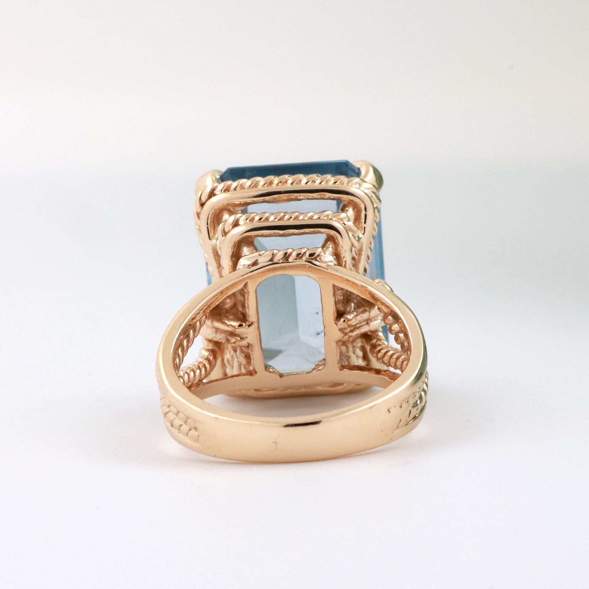 Emerald Cut Blue Topaz Cocktail Solitaire Ring 10K Yellow Gold 23.52 CT Size 5.5