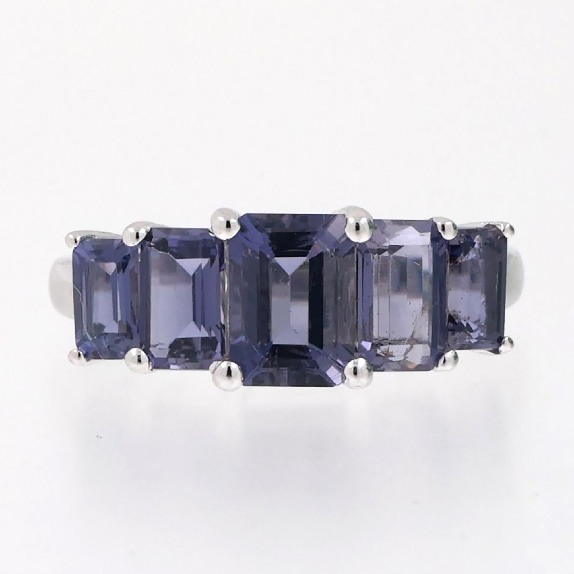 5-Stone Iolite Gemstone Band Ring 10K White Gold 3.14 CTW Emerald Cut Gems SZ 7