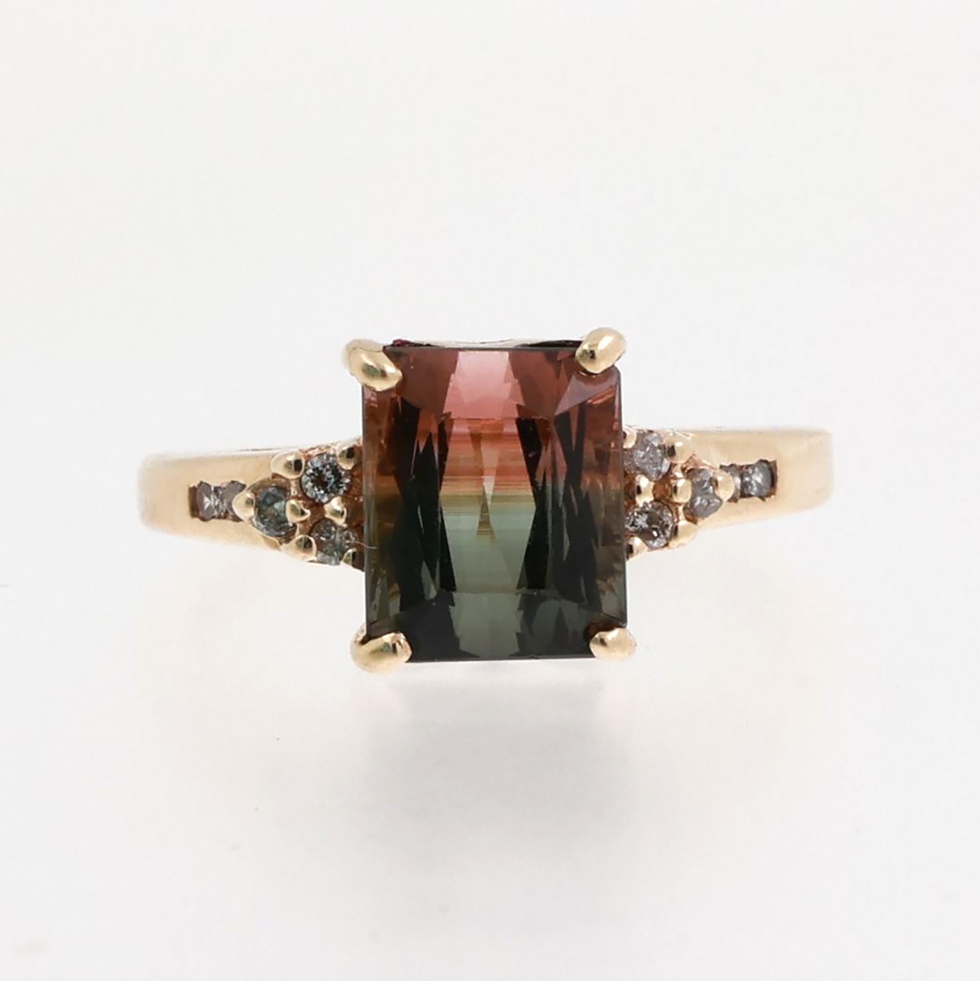 2.95 CTW Watermelon Tourmaline Diamond Statement Ring 10K Yellow Gold Size 6