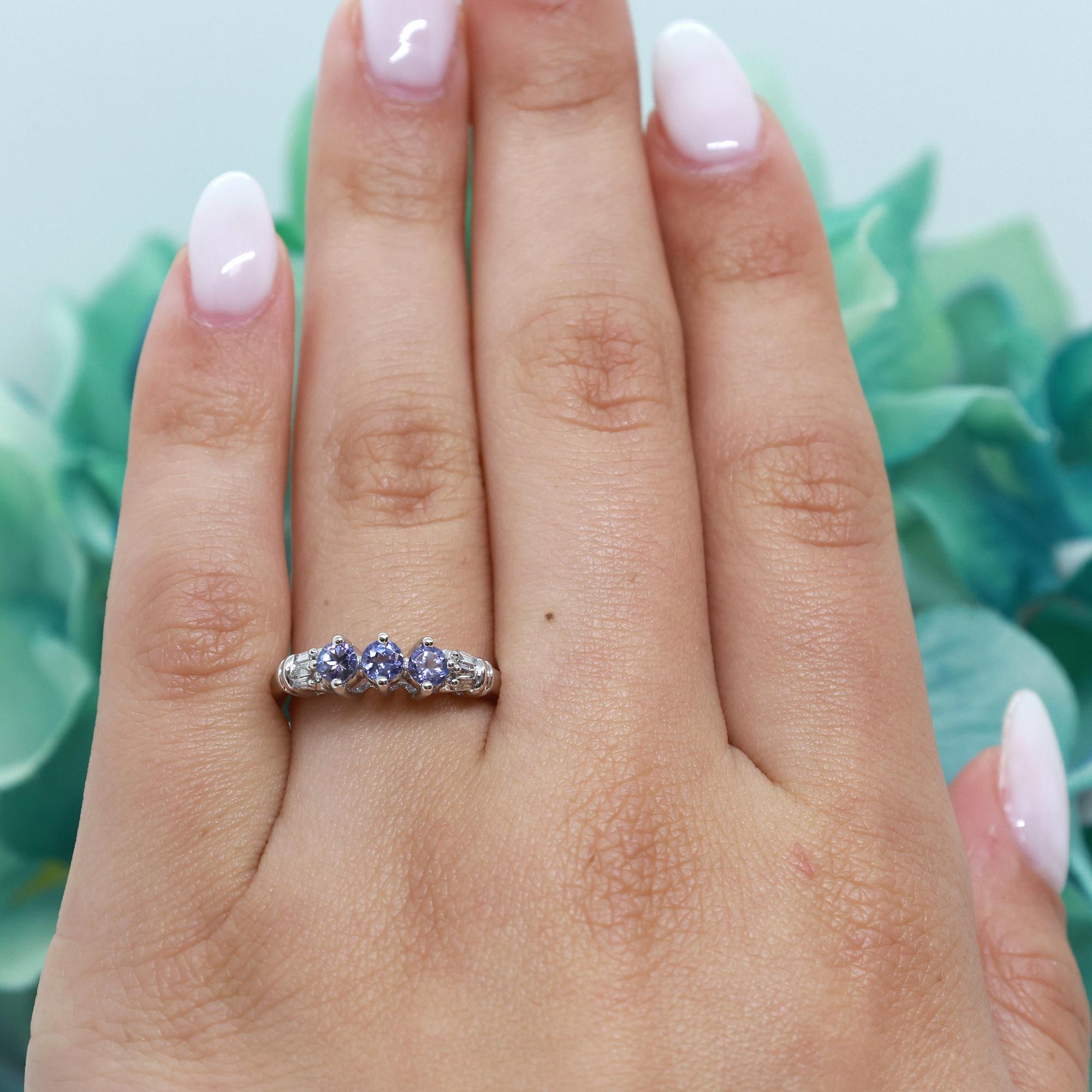 3-Stone Tanzanite Diamond Band Ring 10K White Gold 0.64 CTW Size 7.25