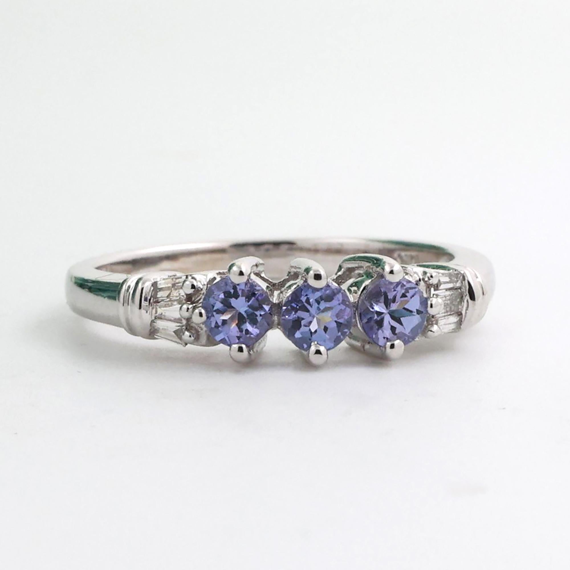 3-Stone Tanzanite Diamond Band Ring 10K White Gold 0.64 CTW Size 7.25