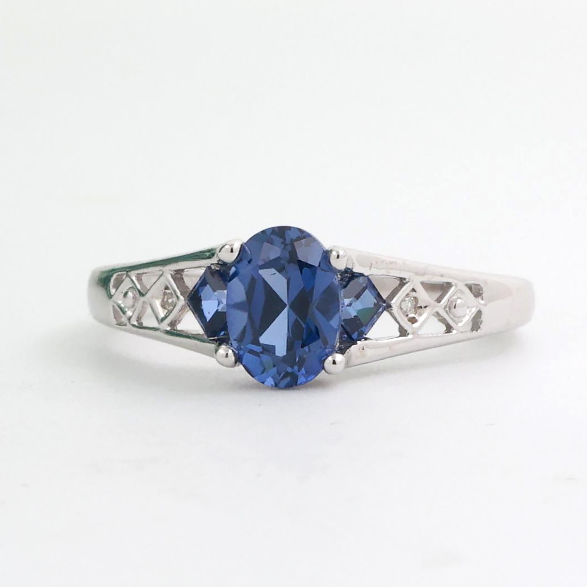 Oval Blue Sapphire Diamond Ring 10K White Gold 1.22 CTW Lab Created Size 6.5