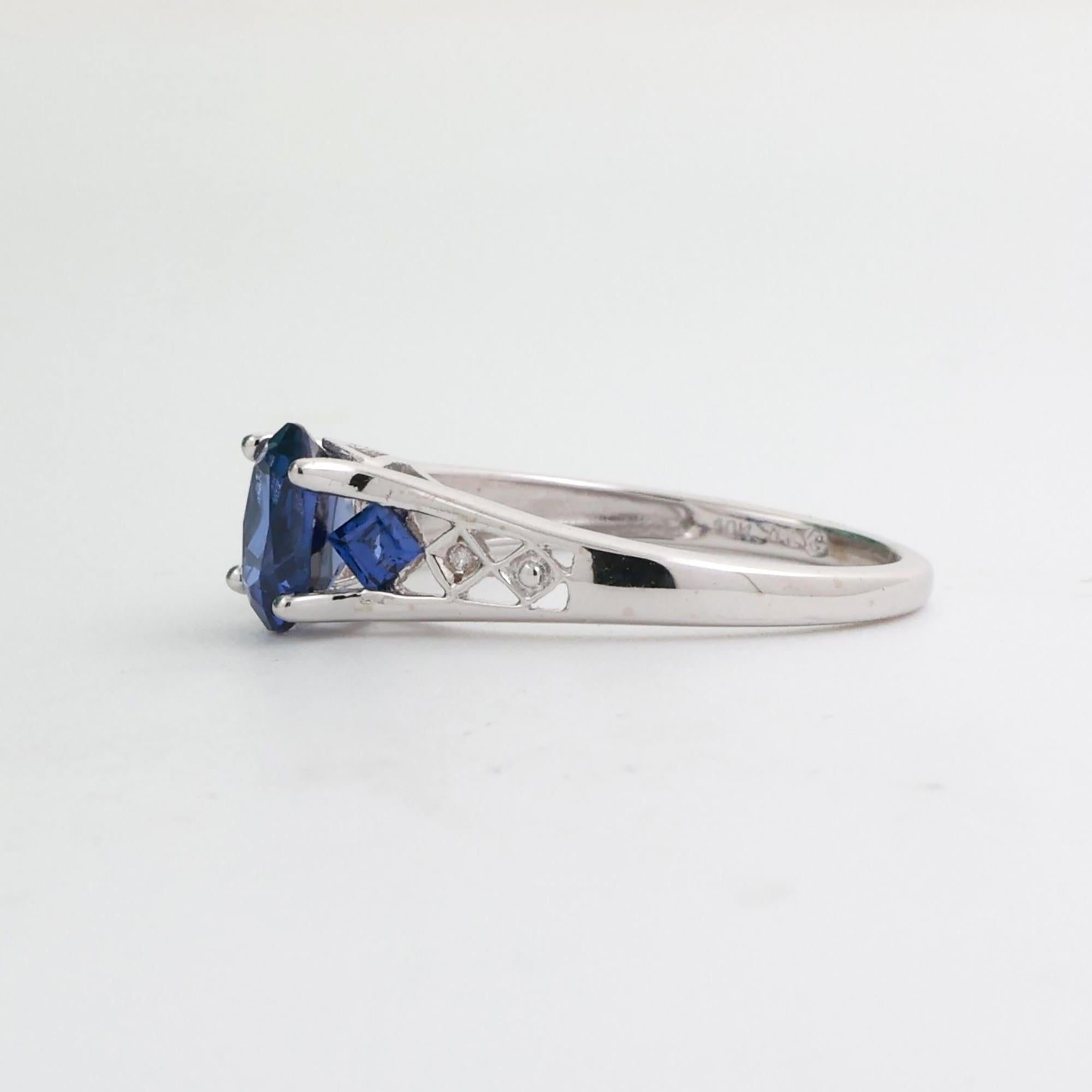 Oval Blue Sapphire Diamond Ring 10K White Gold 1.22 CTW Lab Created Size 6.5